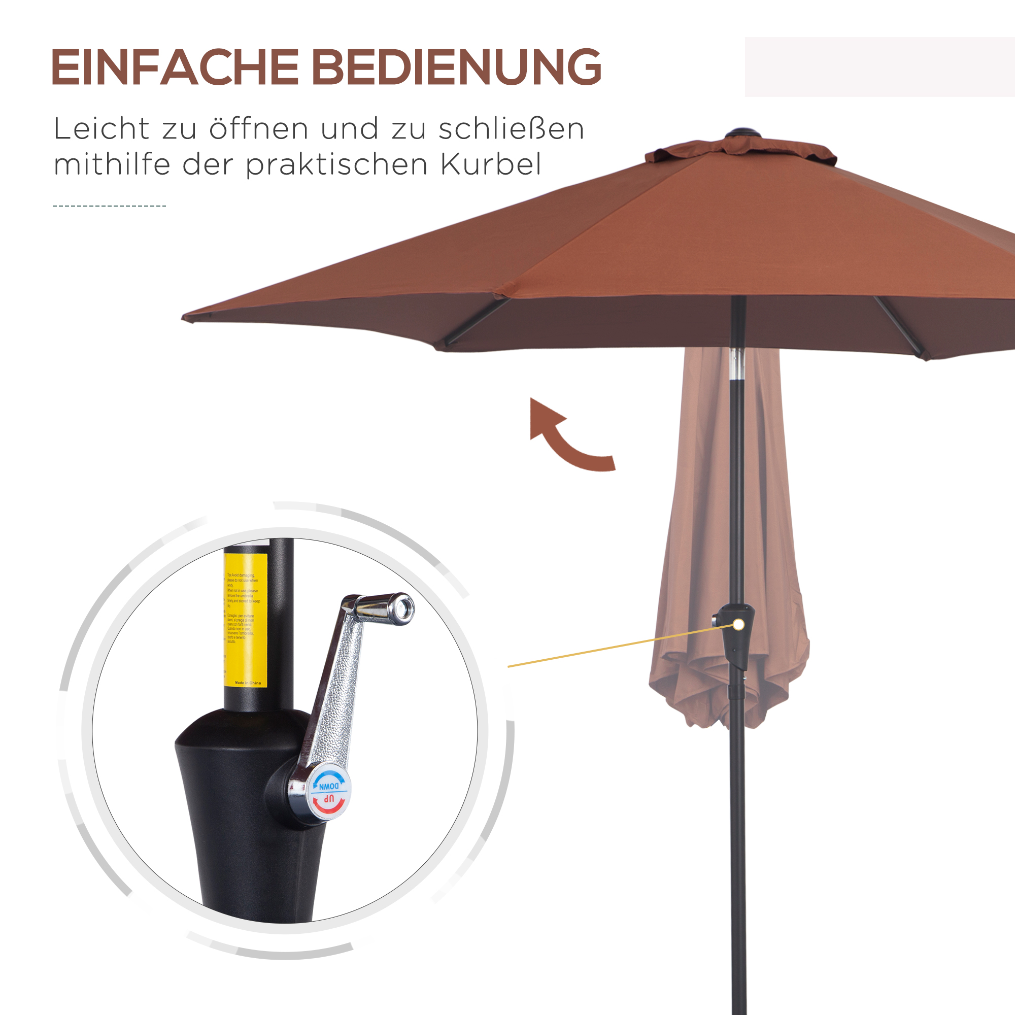 Knickschirm Sonnenschirm Gartenschirm Marktschirm mit Handkurbel Alu 180/? Polyester Stahl Kaffee Ø2,6 x 2,35 m