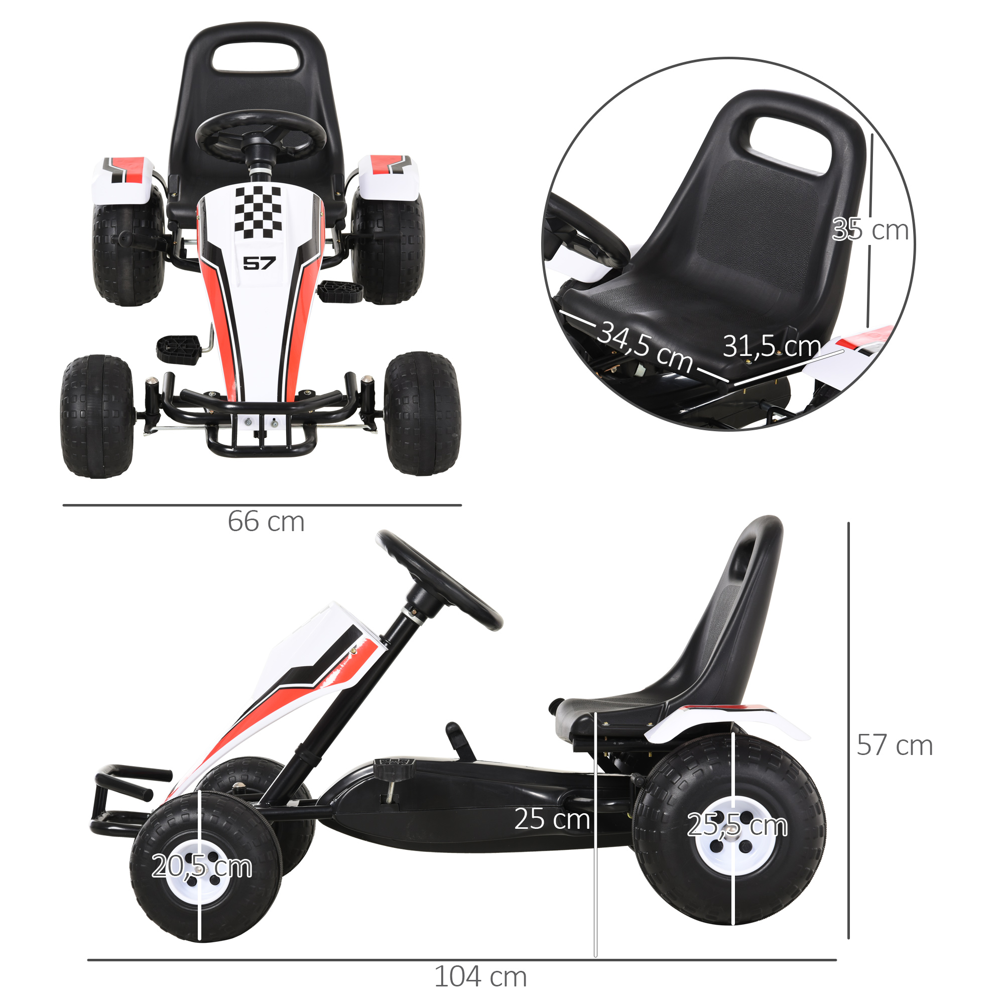 Go Kart Kinderfahrzeug Tretauto mit Pedal Bremsen Kinderspielzeug für 3-6 Jahre Stahl Weiß 104 x 66 x 57 cm