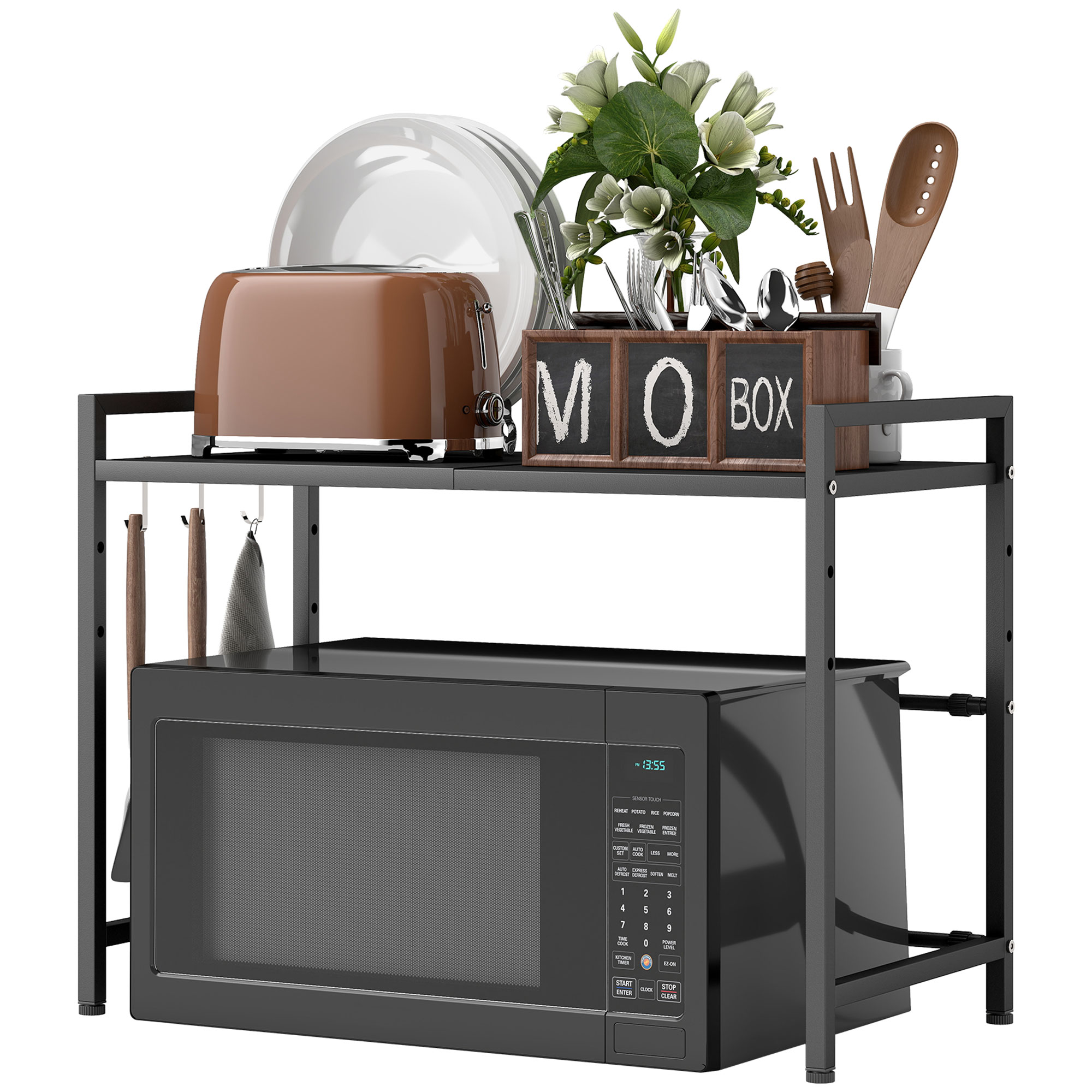 Mikrowellenregal, 3 Haken, ausziehbar, Metall, 40 cm hoch, Schwarz