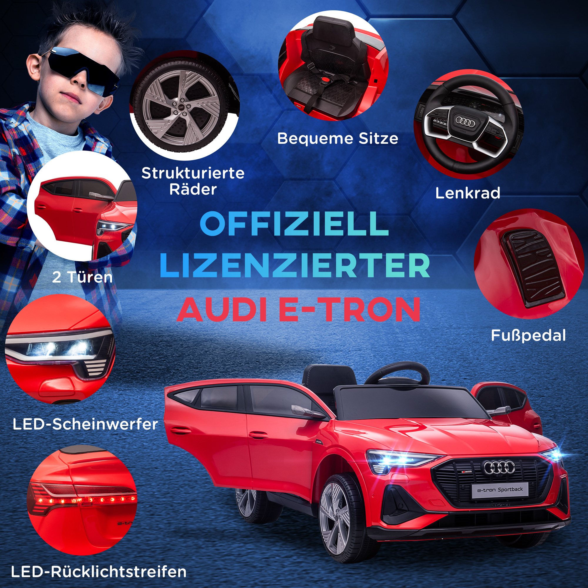 Kinder-Elektroauto, bis 5 km/h, mit Sicherheitsgurt, Fernbedienung, Scheinwerfern, Musikfunktion, rot