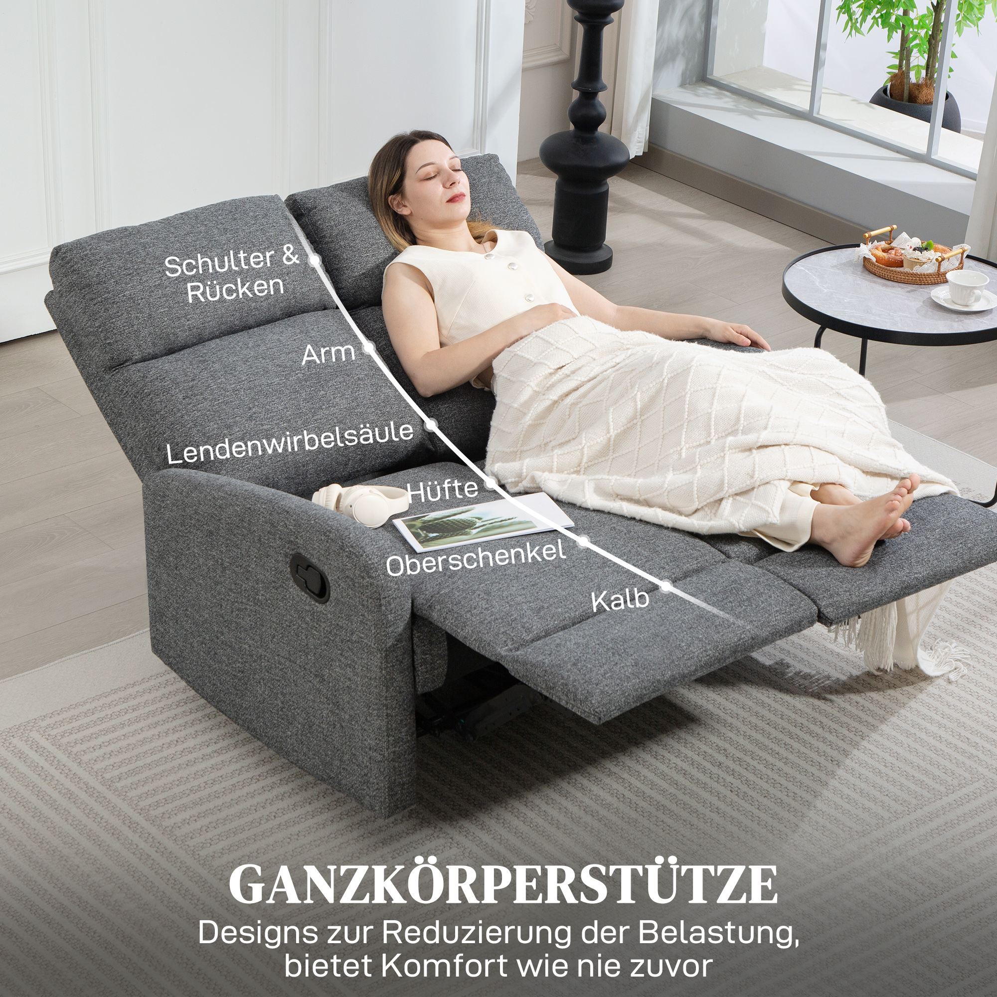 2-Sitzer-Sofa, individuell verstellbare Rückenlehnen, Fußstütze, Stoffbezug, Stahl, Grau