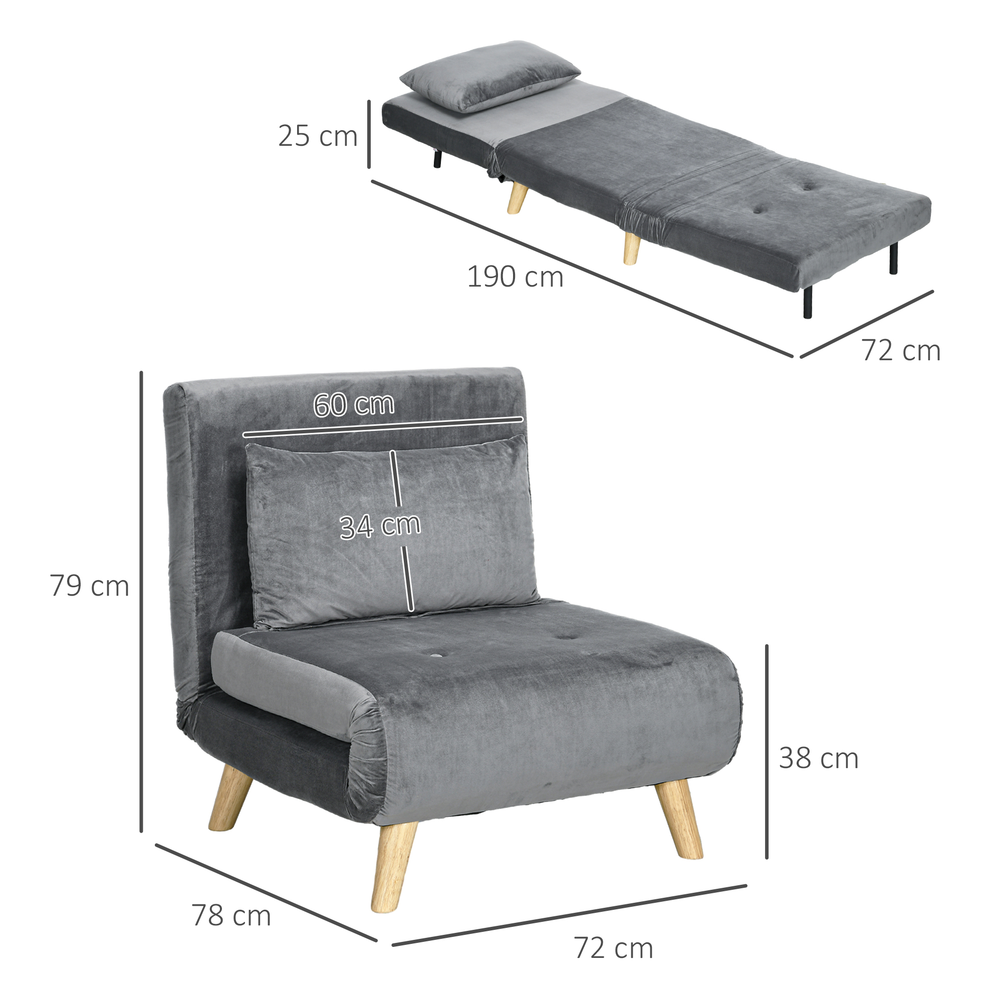 2-in-1 Sessel, Relaxsessel, Gästebett, bis 150 kg, 72 cm x 78 cm x 79 cm, Grau