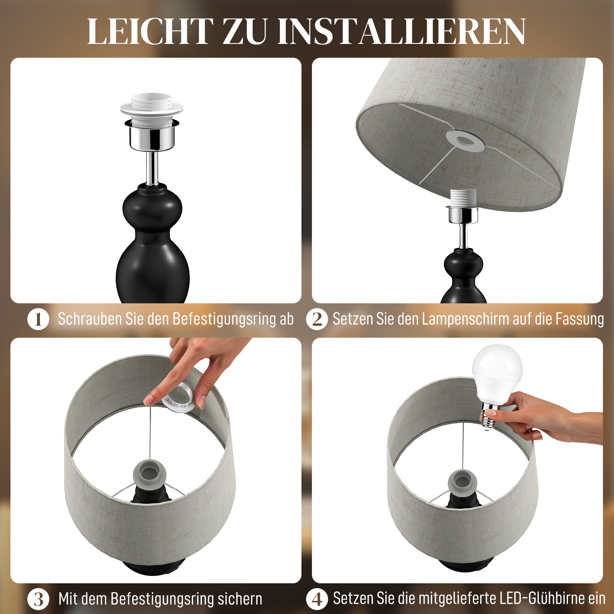 Tischlampe LED Tischleuchte mit 3 Farbtemperaturen, Nachttischlampe mit USB A+C Ladeanschlüssen, Leinenschirm, Schwarz