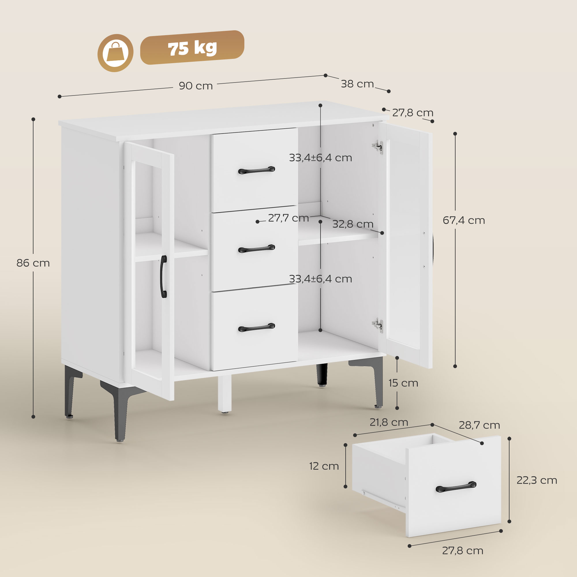 modernes Sideboard mit Soft-Close-Türen, Buffetschrank mit 3 Schubladen, 2 Glastüren, verstellbare Regale, MDF, Weiß
