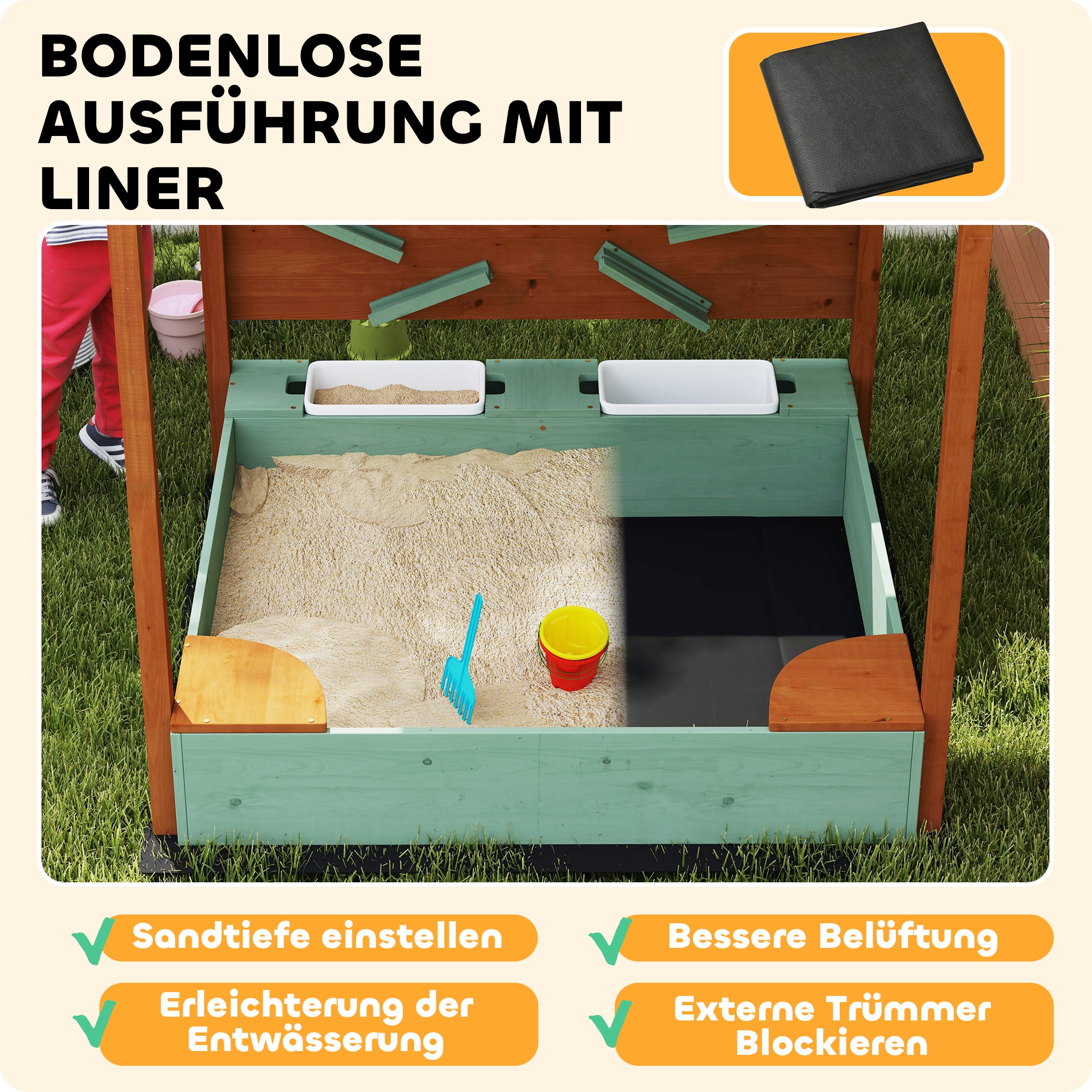 Sandkasten mit Sonnendach für Kinder, 2 Aufbewahrungsbehälter, 116L x 112,5B x 128H cm, Tannenholz, Kunststoff, Grün