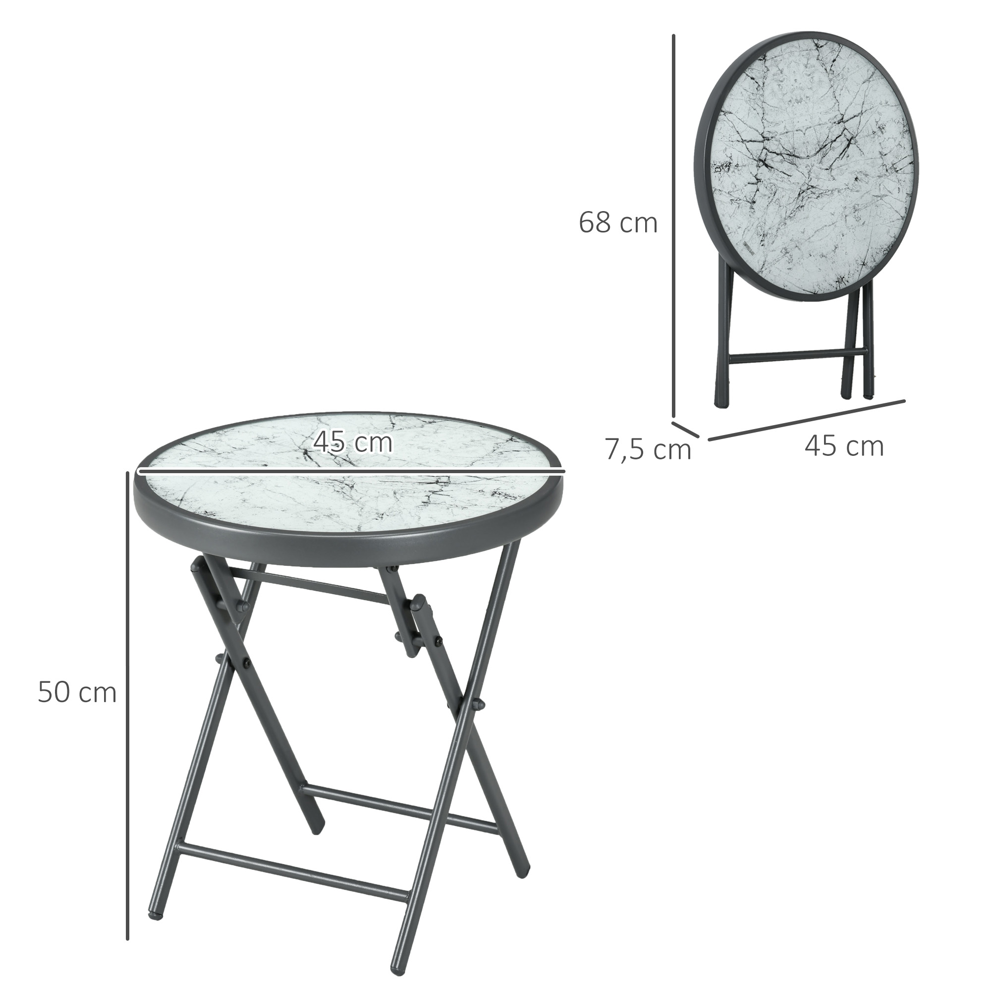 Klappbarer Beistelltisch, Outdoor-Klapptisch, mit Tischplatte aus gehärtetem Glas, für Terrasse, 45 x 45 x 50 cm, Weiß