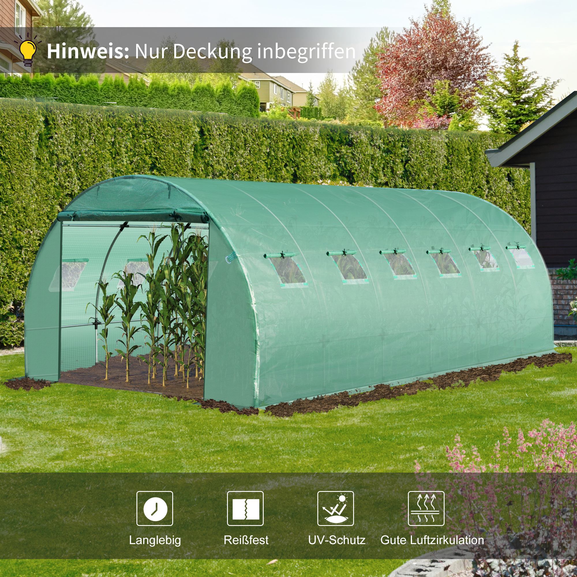 Gewächshausfolie 6x3x2m, wasserdicht Gartenfolie mit UV Schutz, Folie aus PE, Abdeckplane für Gartenarbeit Treibhaus Folientunnel, Tunnelfolie für Außenbereich, Pflanzen, Grün