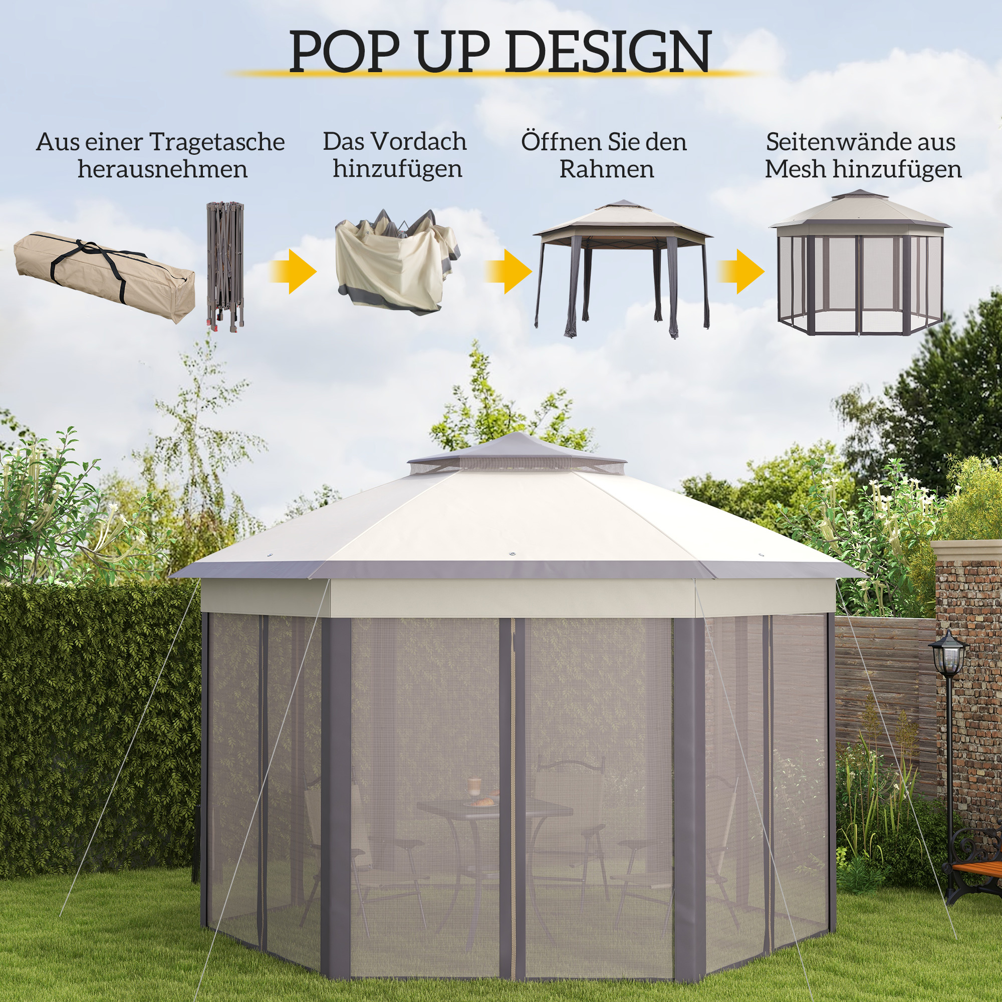 Pavillon 4x4m Wasserdicht Pop-up sechseckiger Faltpavillon, Doppeldach, Gartenpavillon mit 6 Seitenteilen, Partyzelt inkl. Tragetasche, für Garten, Terrasse, Festival, Kaffee+Beige