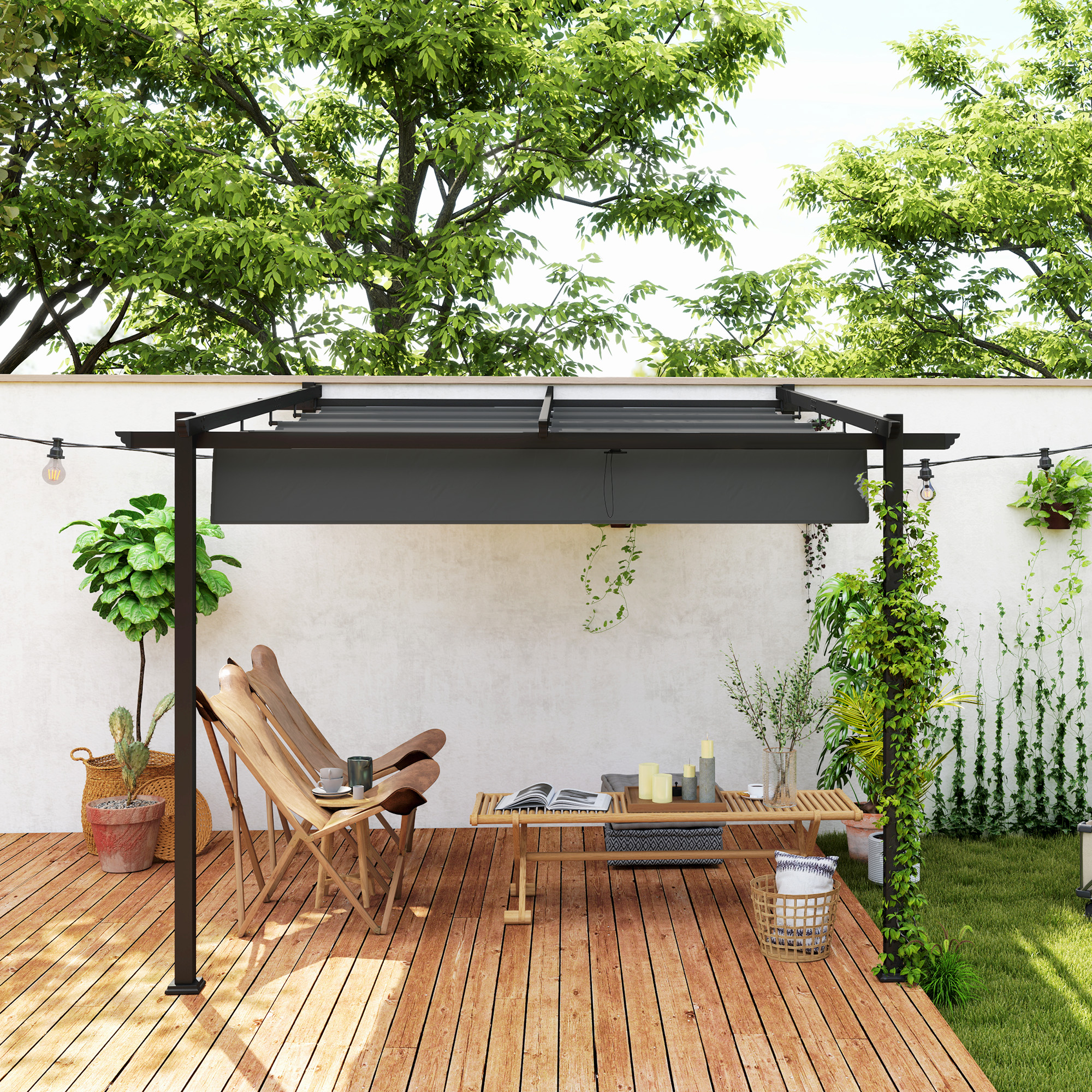 Pavillon, 3 x 3 m Pergola, Winddichtes Terrassendach, Wandmontage, Verstellbares Dach, für Garten, Terrasse, Dunkelgrau
