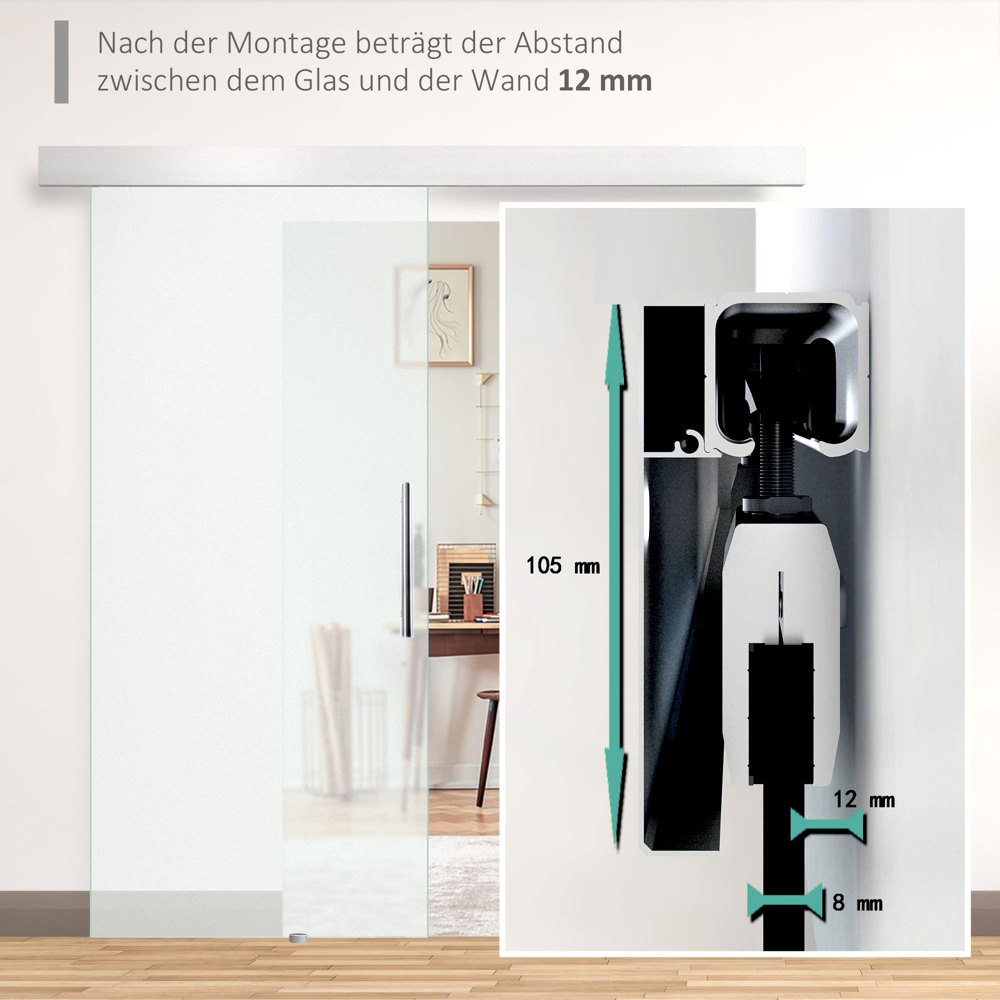 Glasschiebetür mit Griffstange, einseitig satiniert, 102,5 x 205 cm