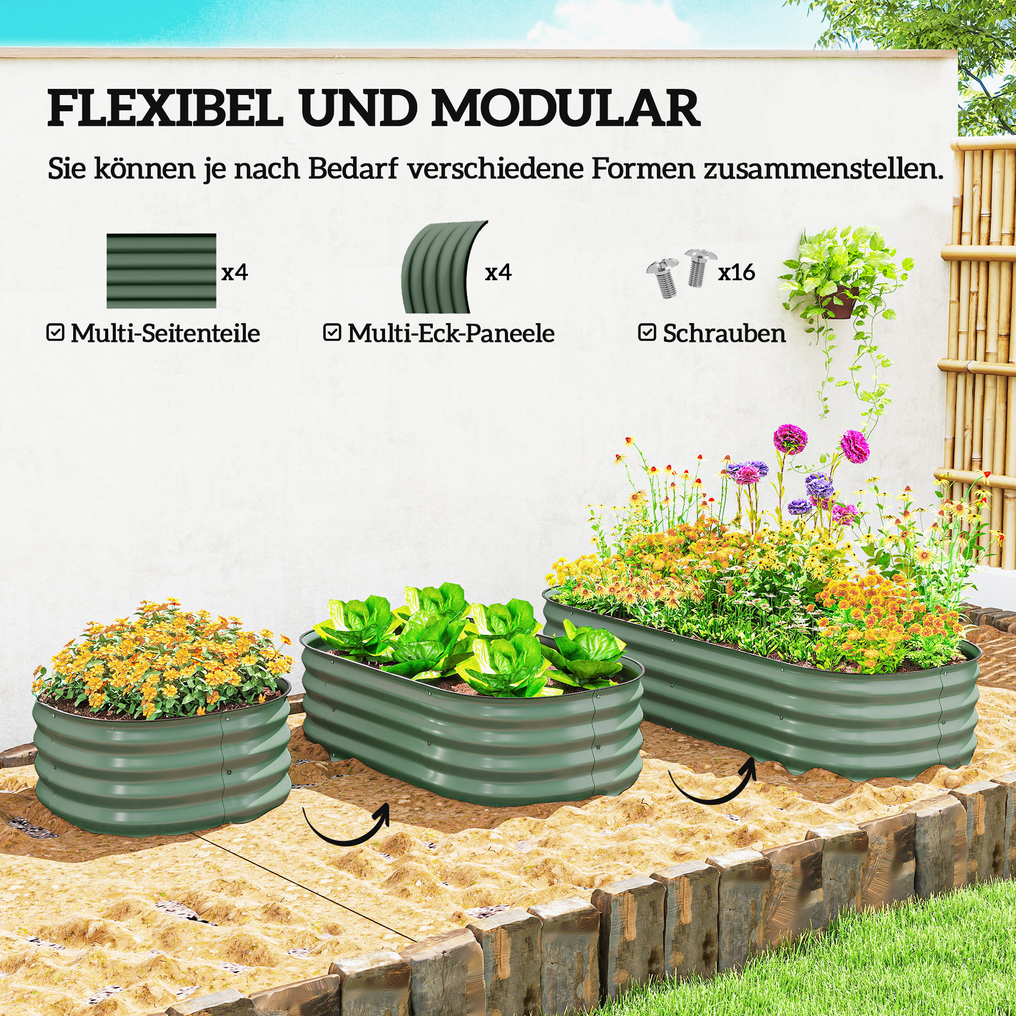 Hochbeet Pflanzenbeet, modulares Hochbett, geschützte Kanten, Design ohne Boden,  150 x 62 x 30 cm, Grün