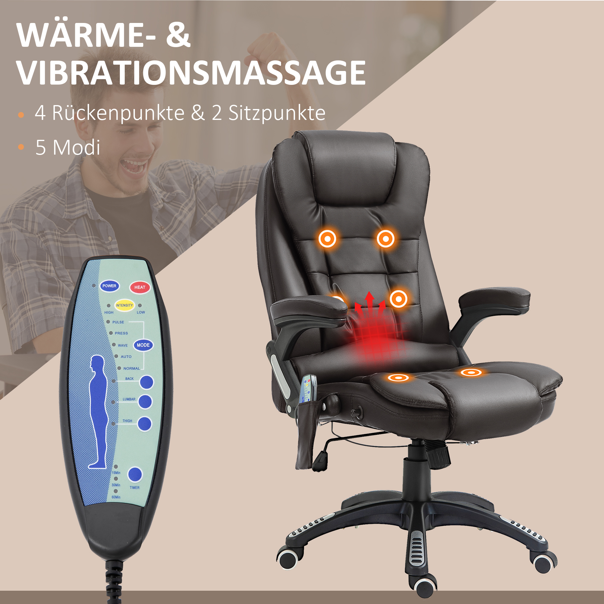 Bürostuhl mit Massagefunktion Ergonomischer Chefsessel mit Heizfunktion, Liegefunktion, Wippfunktion, Höhenverstellbar 360° Drehbar Schreibtischstuhl, Kunstleder, Braun