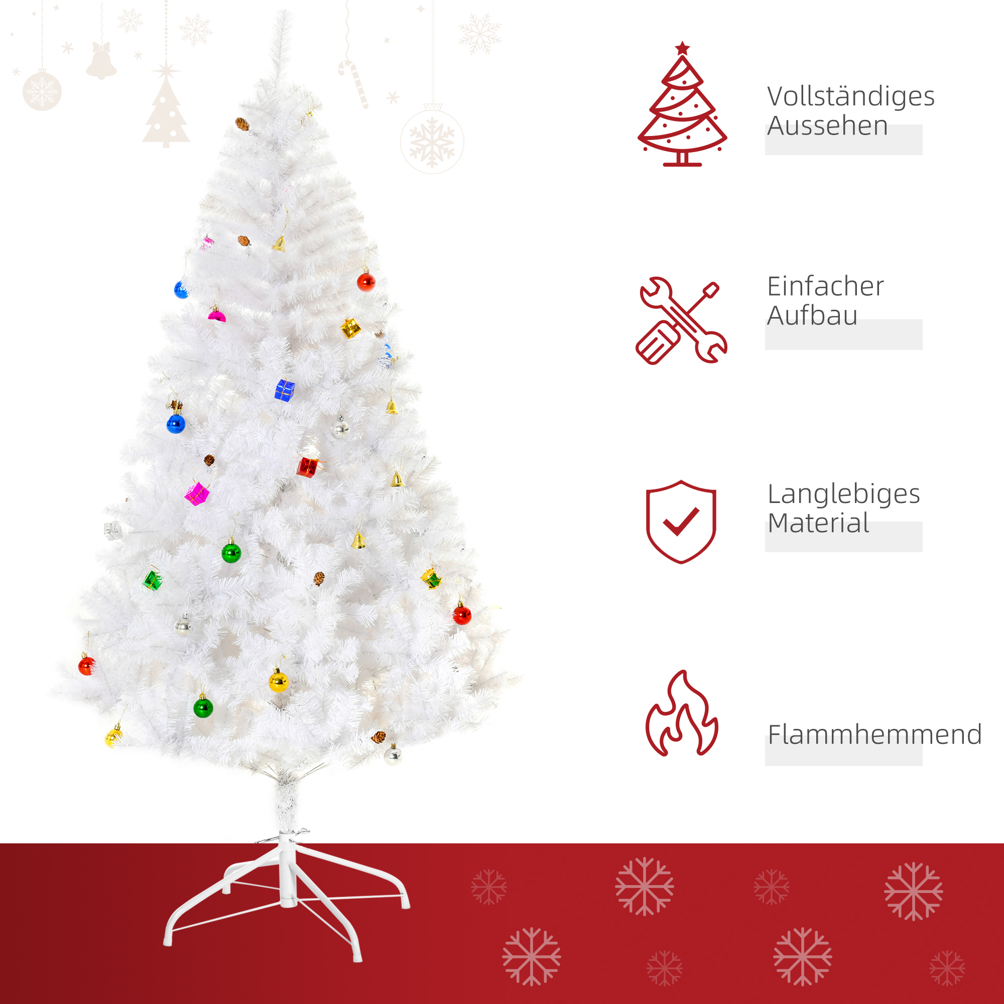Weihnachtsbaum 180 cm künstlich Tannenbaum mit Kugeln, Glocken, Trommeln, Geschenkboxen, Christbaum mit 930 Spitzen, 12 Tannenzapfen Weihnachtsdeko inkl, Metallständer für drinnen