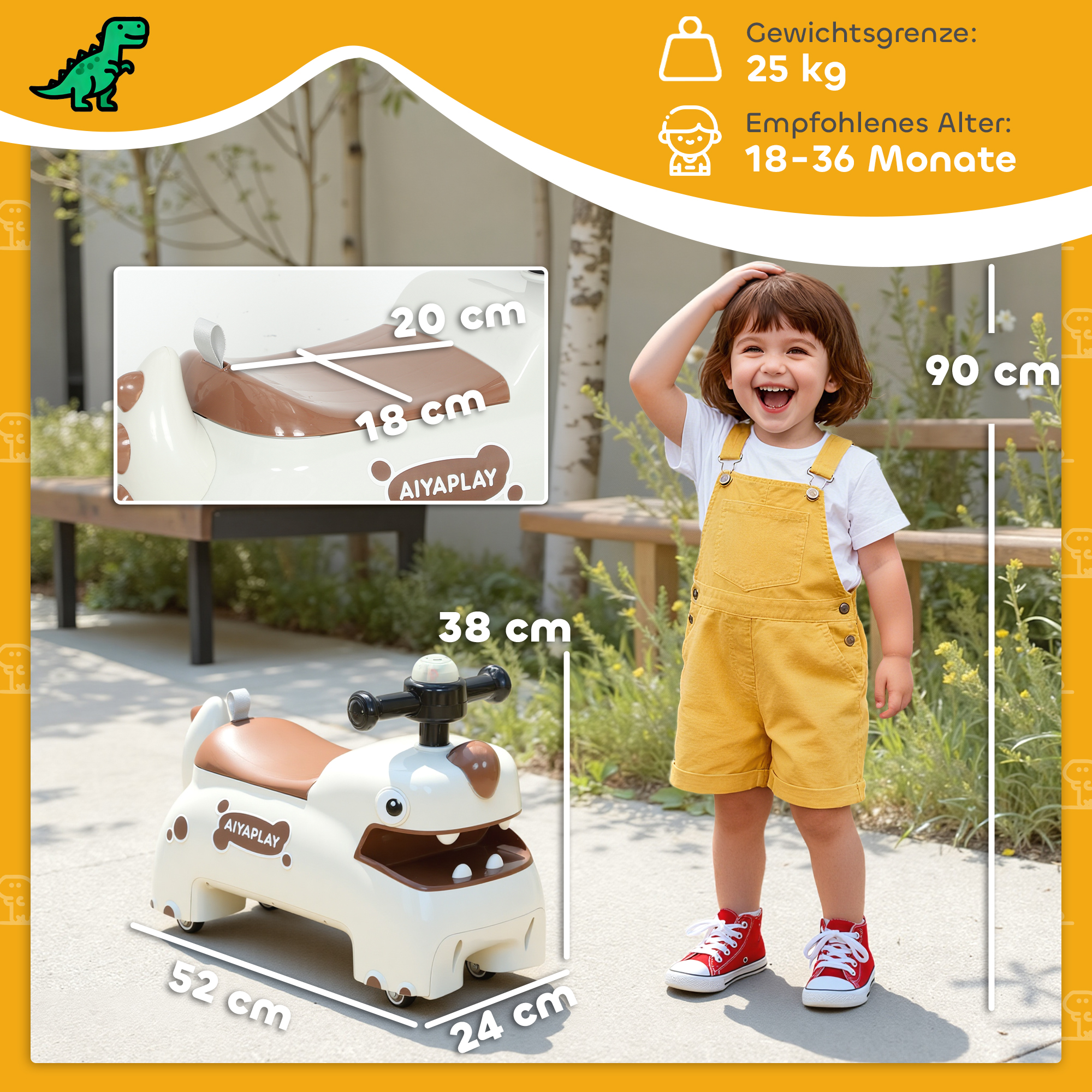 Rutschauto, Dino-Design, Lenkrad, Lichter, Geräusche, 4 Räder, Cremeweiß+Braun