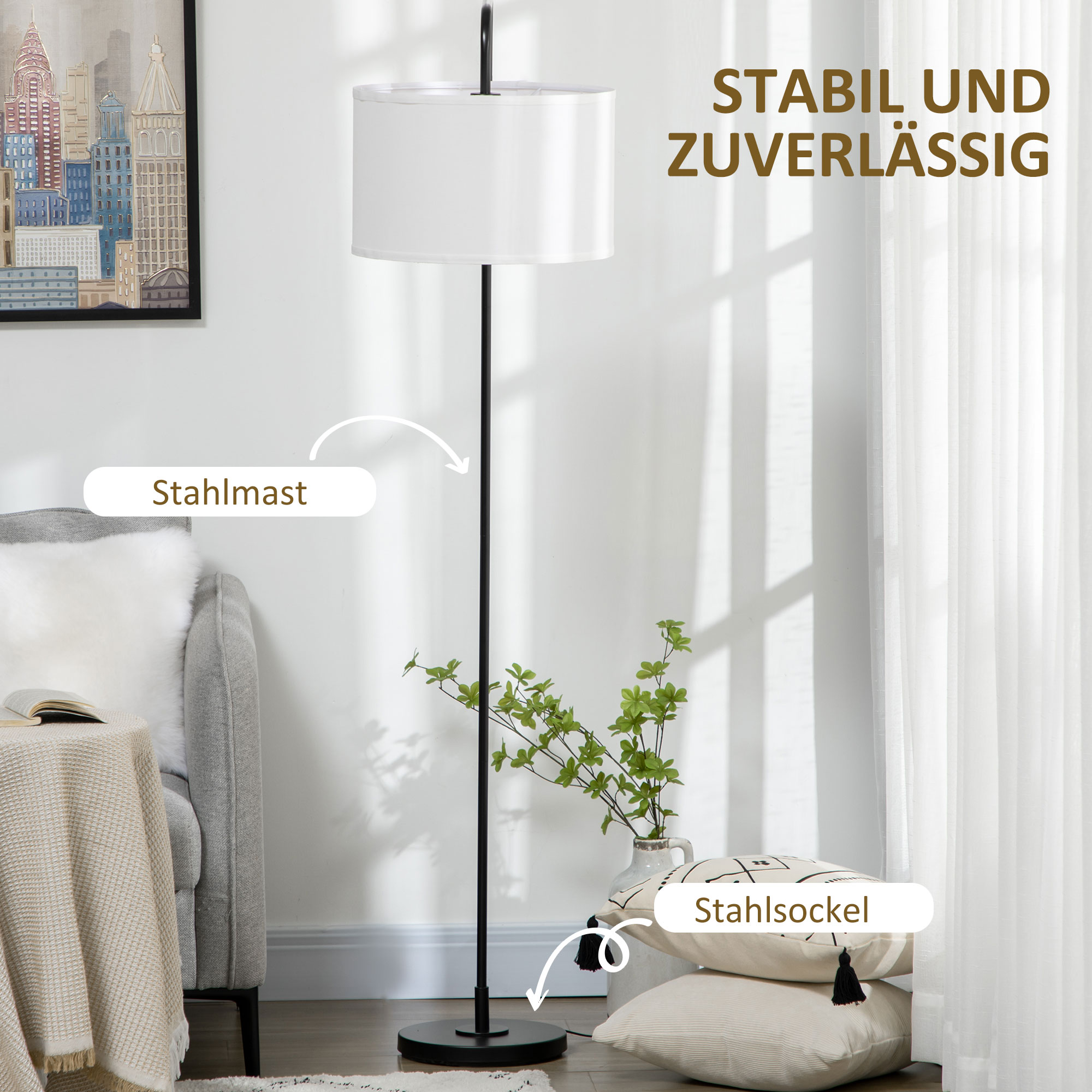 Stehlampe mit Fußschalter, Bodenlampe mit Stoffschirm, Stahl, Weiß