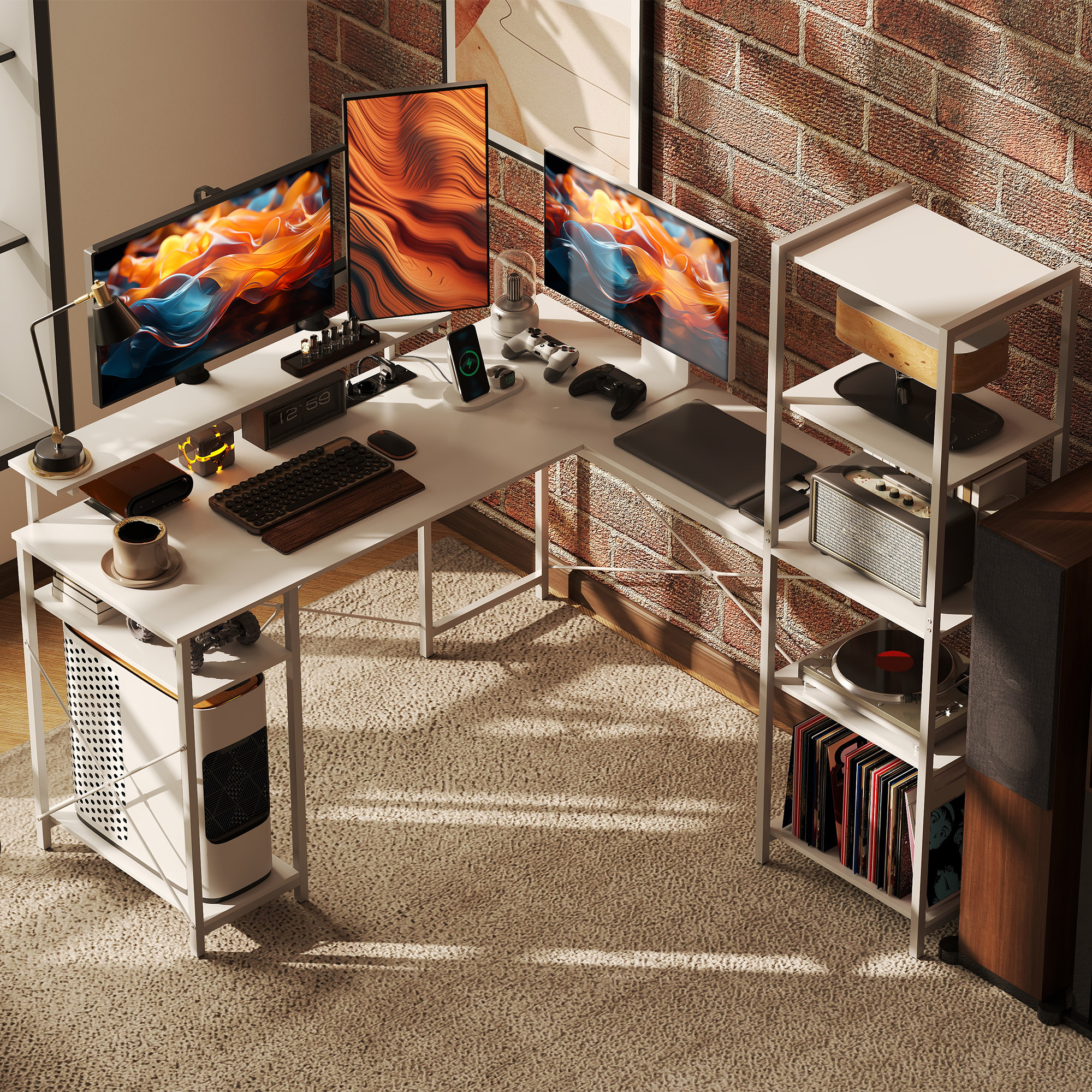 L-förmiger Schreibtisch mit Ladestation, Eck-Computertisch mit Monitorständer und Regalen, für Homeoffice, Büro, Weiß