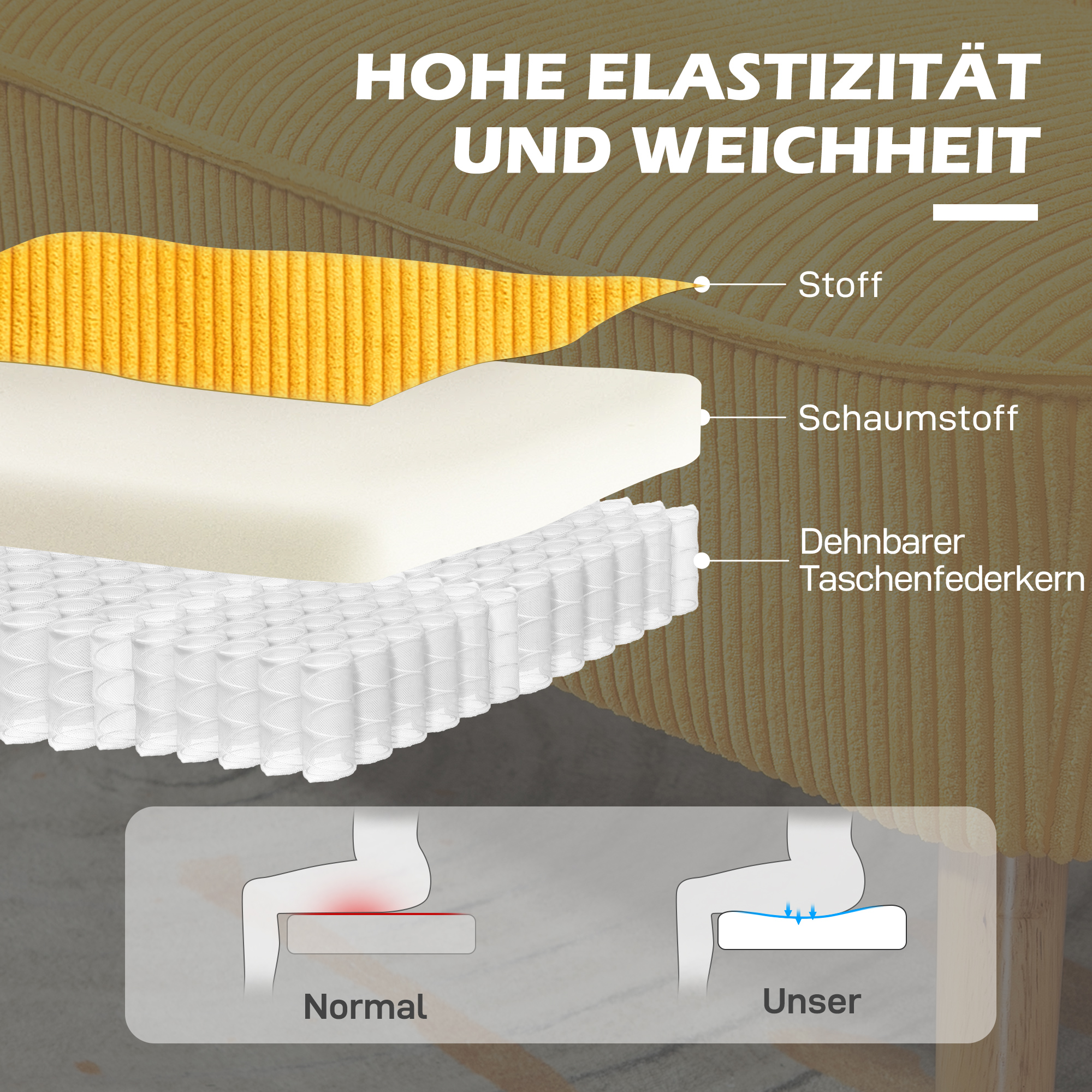 Zweisitzer-Sofa, elegantes Skandi Design, massiver Holzrahmen, bis 150 kg, 117 x 56,5 x 77 cm, Gelb