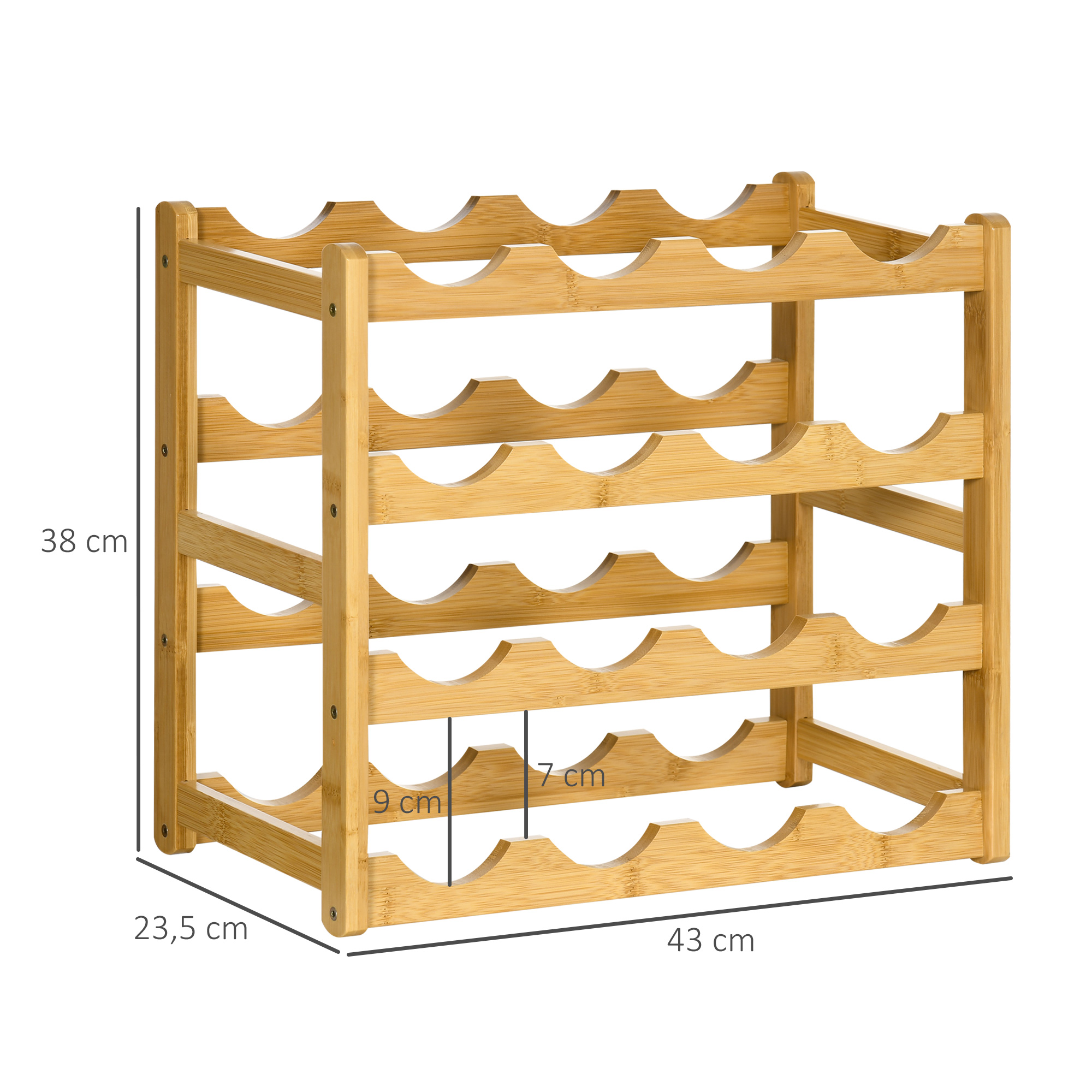 Weinregal aus Bambus für 16  Weinflaschen, 4 Regale, 43 cm x 23,5 cm x 38 cm Natur