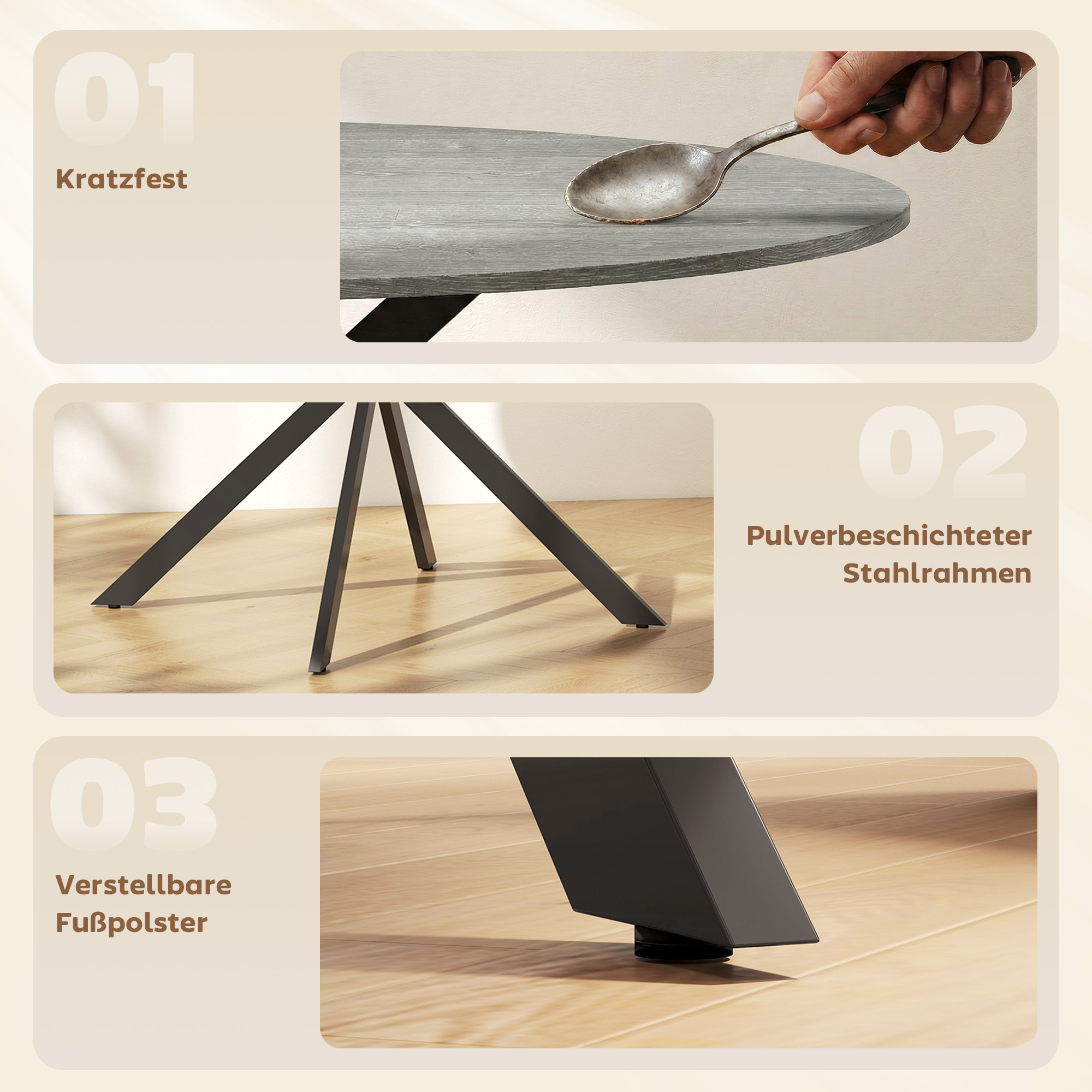 Runder Esstisch für 4 Personen, Küchentisch im Industriestil mit Stahlbeinen, für Esszimmer, Küche, Grau