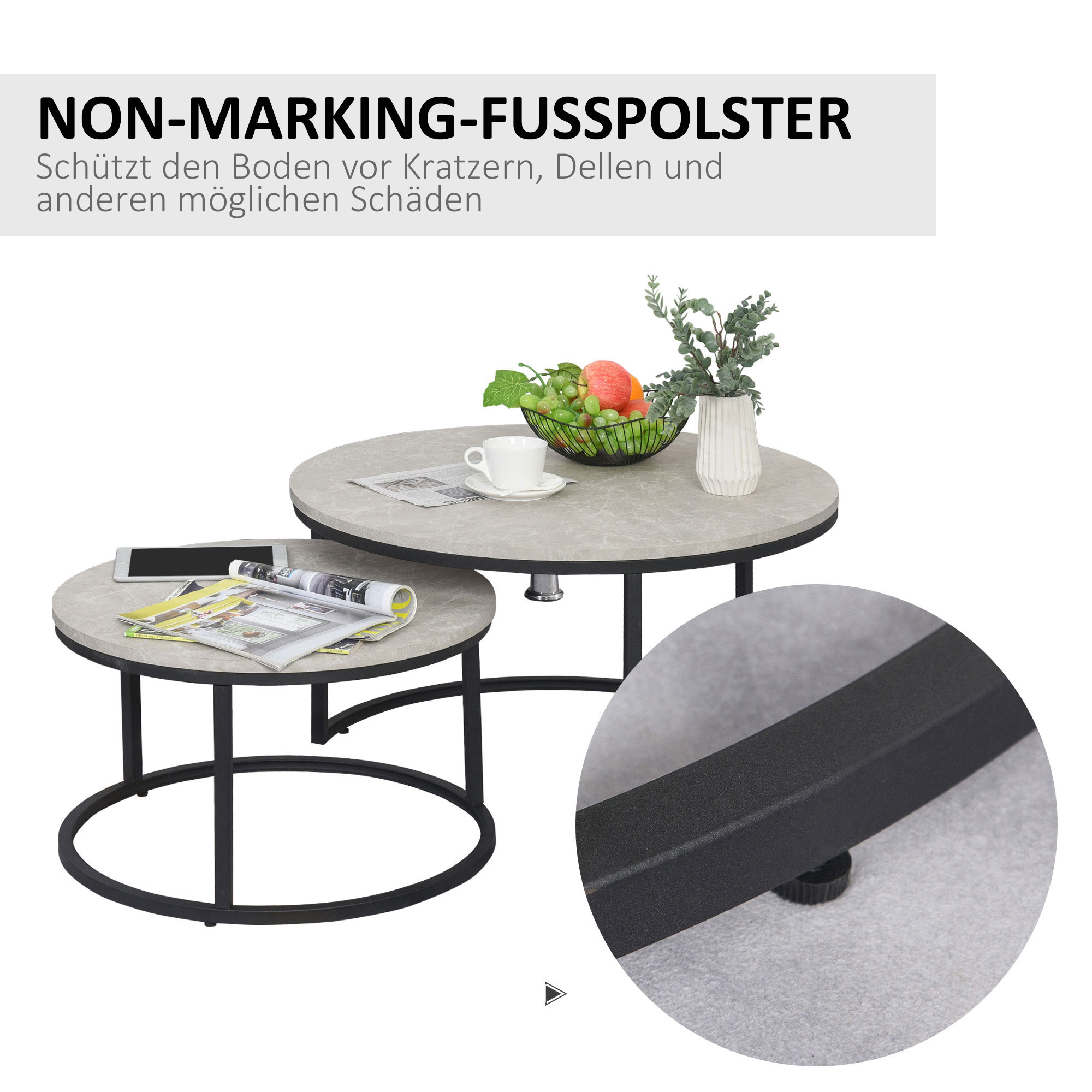 Couchtisch-Set, 2 runde Satztische, Industriedesign, Metallgestell, Betonoptik/Schwarz