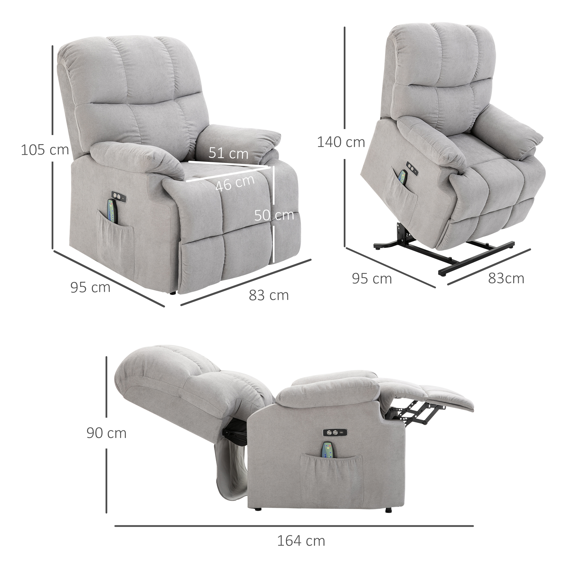 Sessel mit Aufstehhilfe, Massagesessel, Relaxsessel mit USB-Anschluss, Fernsehsessel mit Fernbedienung, Seitentasche, Neigebarer TV-Sessel mit Samtoptik, Grau
