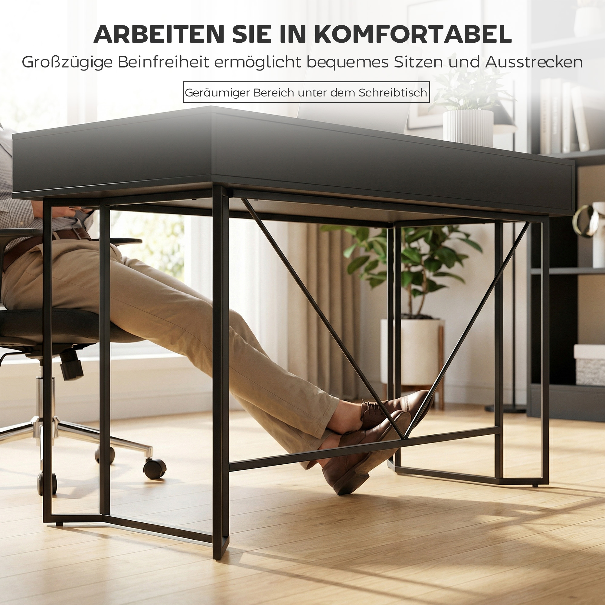 kleiner Computertisch mit 2 Schubladen, Schreibtisch mit großer Arbeitsfläche 120 x 60 x 77 cm Schwarz