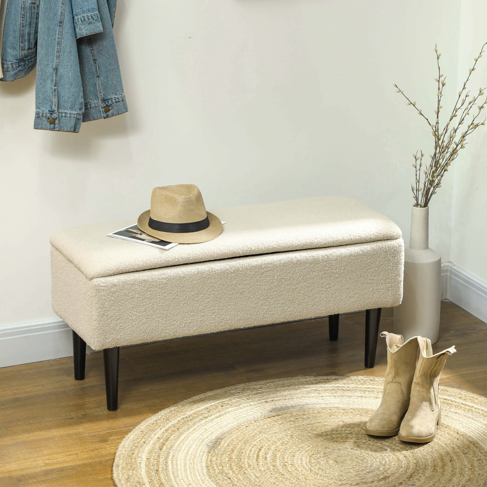 Sitzbank im Vintagedesign, Schuhbank, versteckter Stauraum, Kaschmir-Optik, Beige + Schwarz