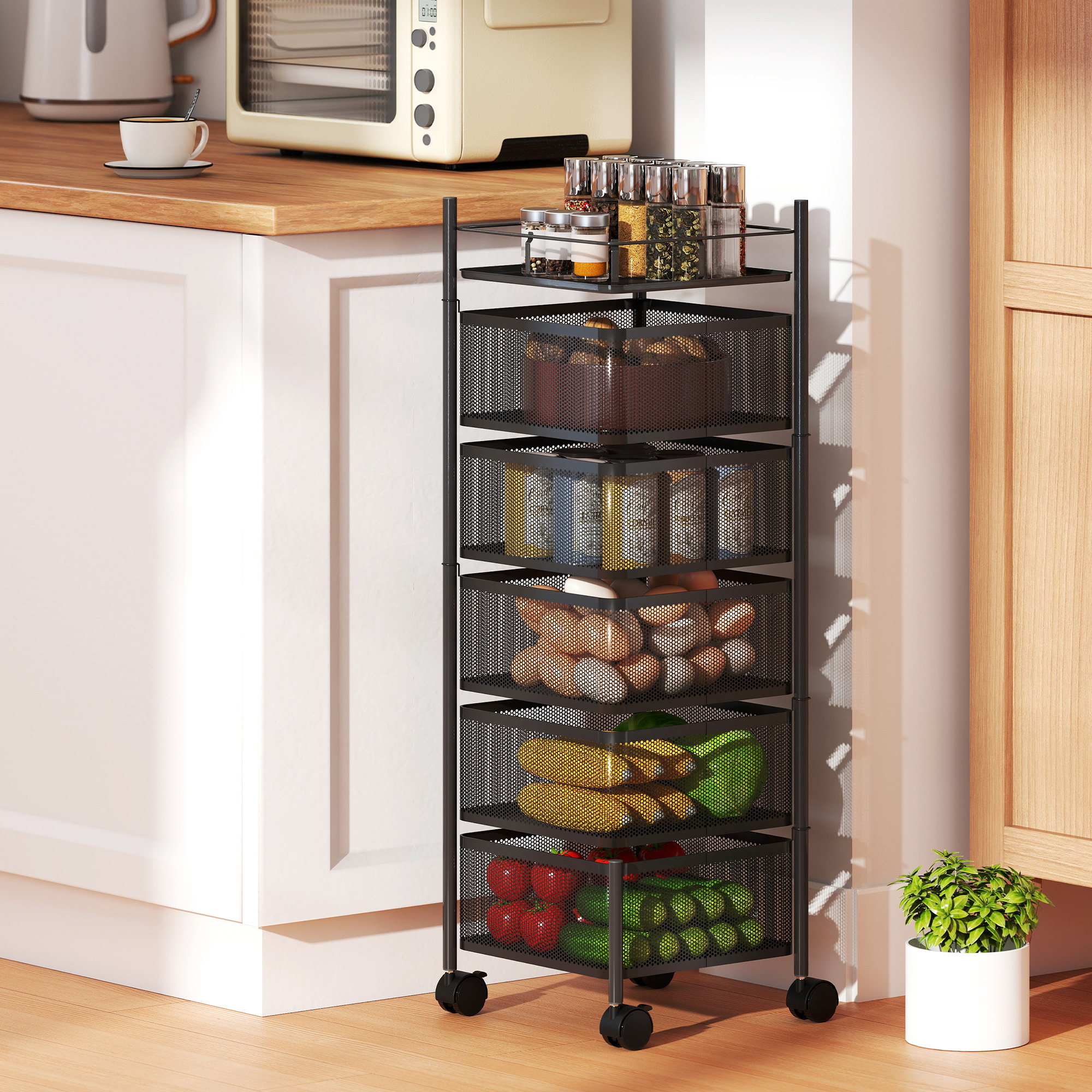 Küchenwagen, 5 drehbare Körbe, 4 Lenkrollen, Metallrahmen, Schwarz