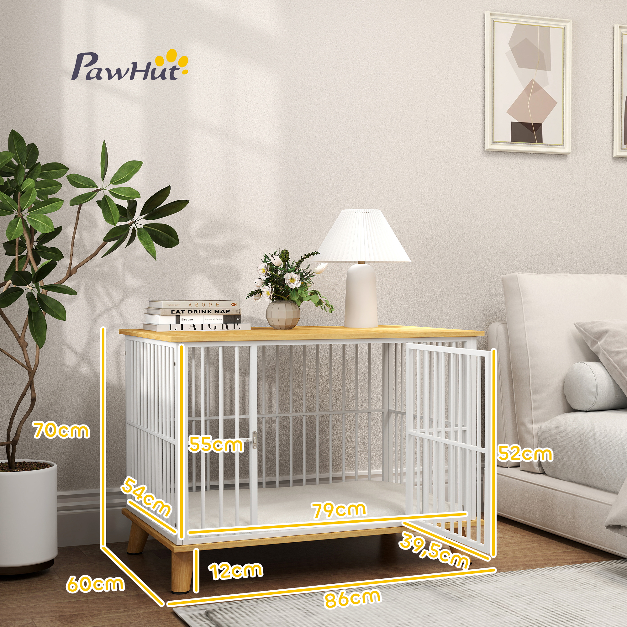 Hundebox mit Verriegelungstür, abnehmbares Kissen, gute Belüftung, Stahl, 86x60x70 cm, Weiß+Grau