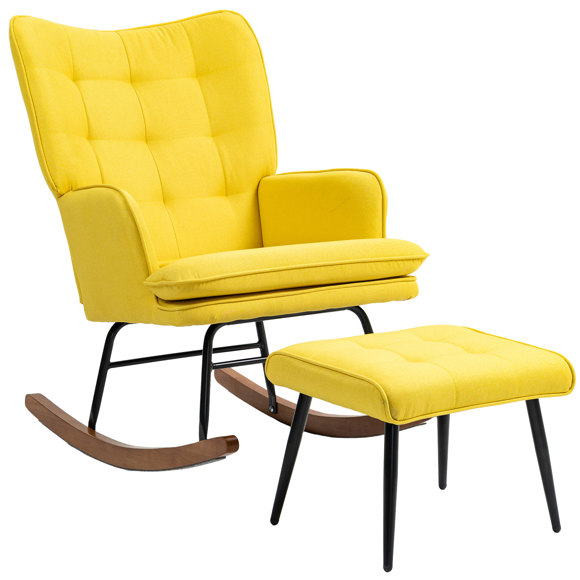 Schaukelstuhl mit Ottomane Skandidesign Schaukelstuhl mit Fußhocker, Buchenholz, Steppung, 64 cm x 89 cm x 90 cm Gelb