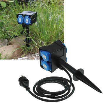 Gartensteckdose mit Erdspieß, 4-fach, IP44, 2m Kabel Gartensteckdose mit Erdspieß, 4-fach, IP44, 10m Kabel
