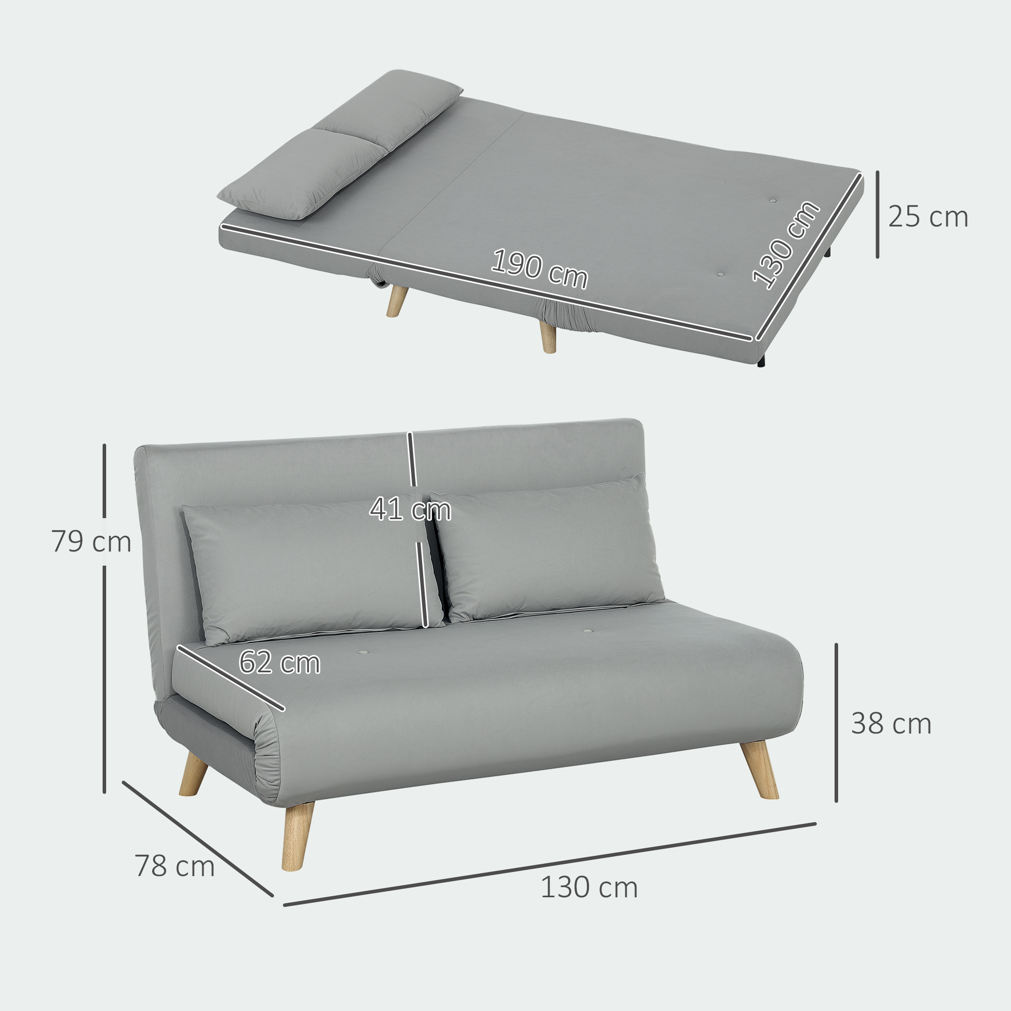 Schlafsofa Relaxsofa Sofa Couch, inkl, 2 Kissen, Samtoptik, 130 x 78 x 79 cm, Hellgrau