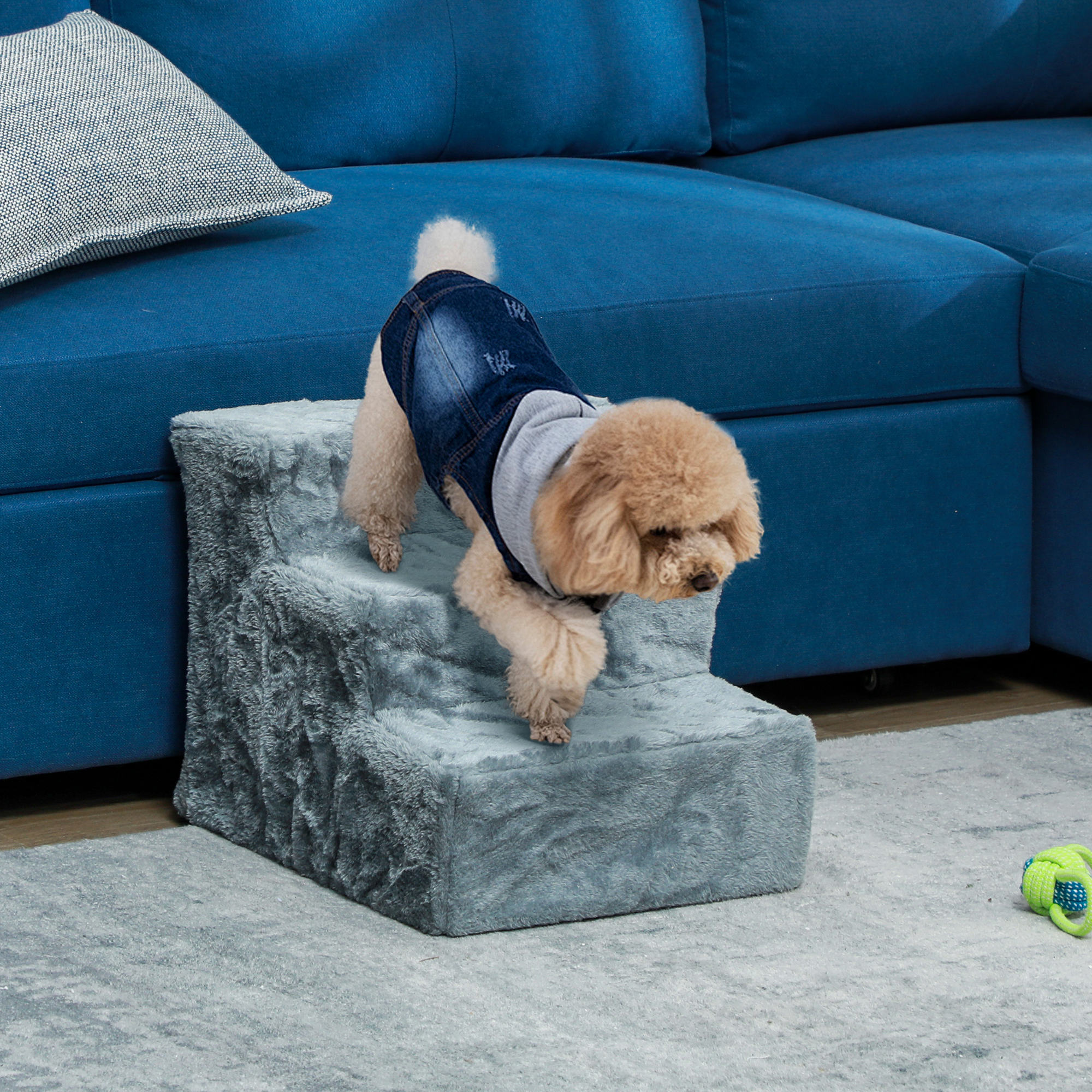 Faltbare Haustiertreppe, 3 Stufen, waschbarer Plüschbezug, Spanplatte, 46 x 35 x 35 cm, Hellgrau