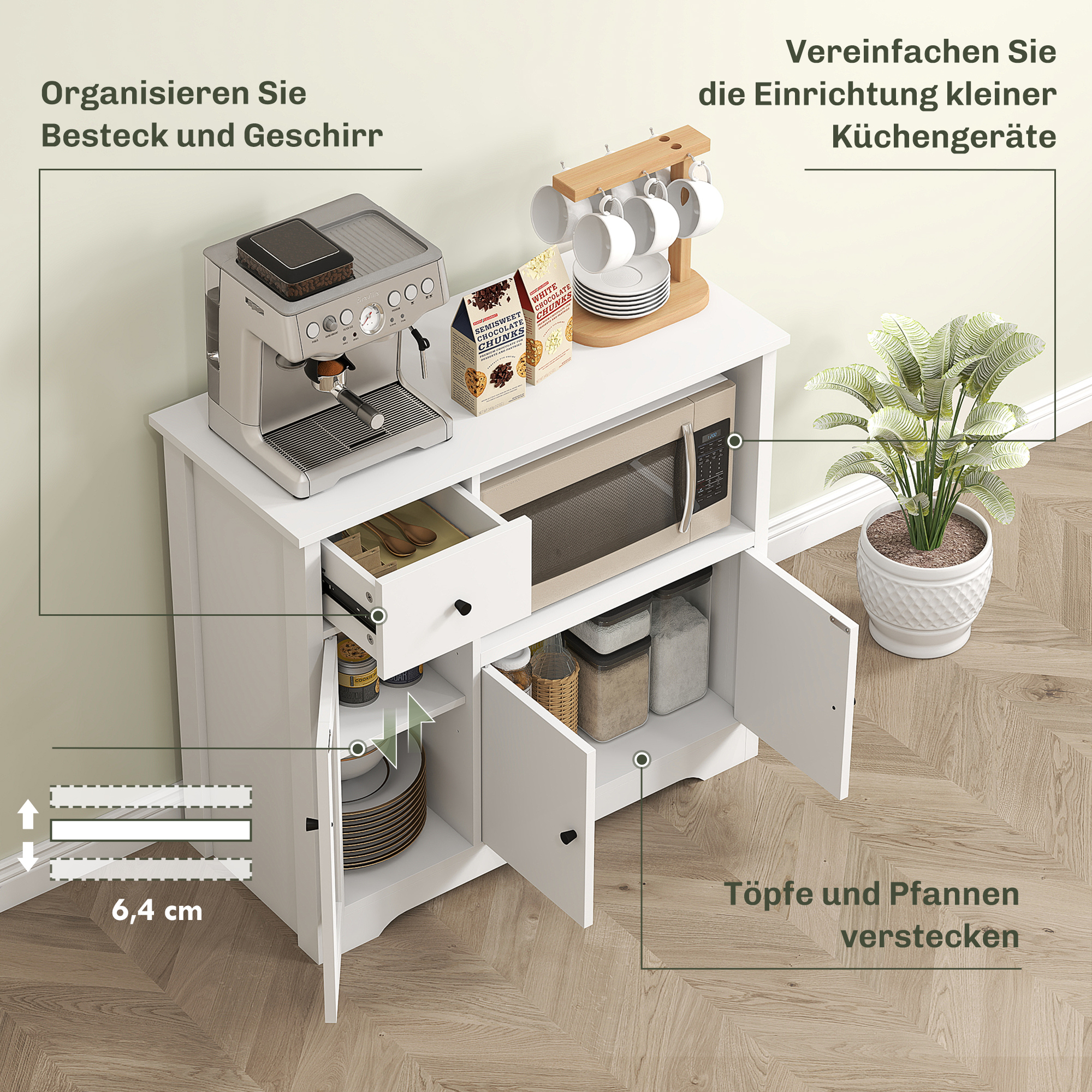 Küchenschrank mit Kabelloch, Kommode mit 2 Schränken, offenes Fach, Schublade, 80 x 35 x 72,2 cm, Spanplatte, Weiß