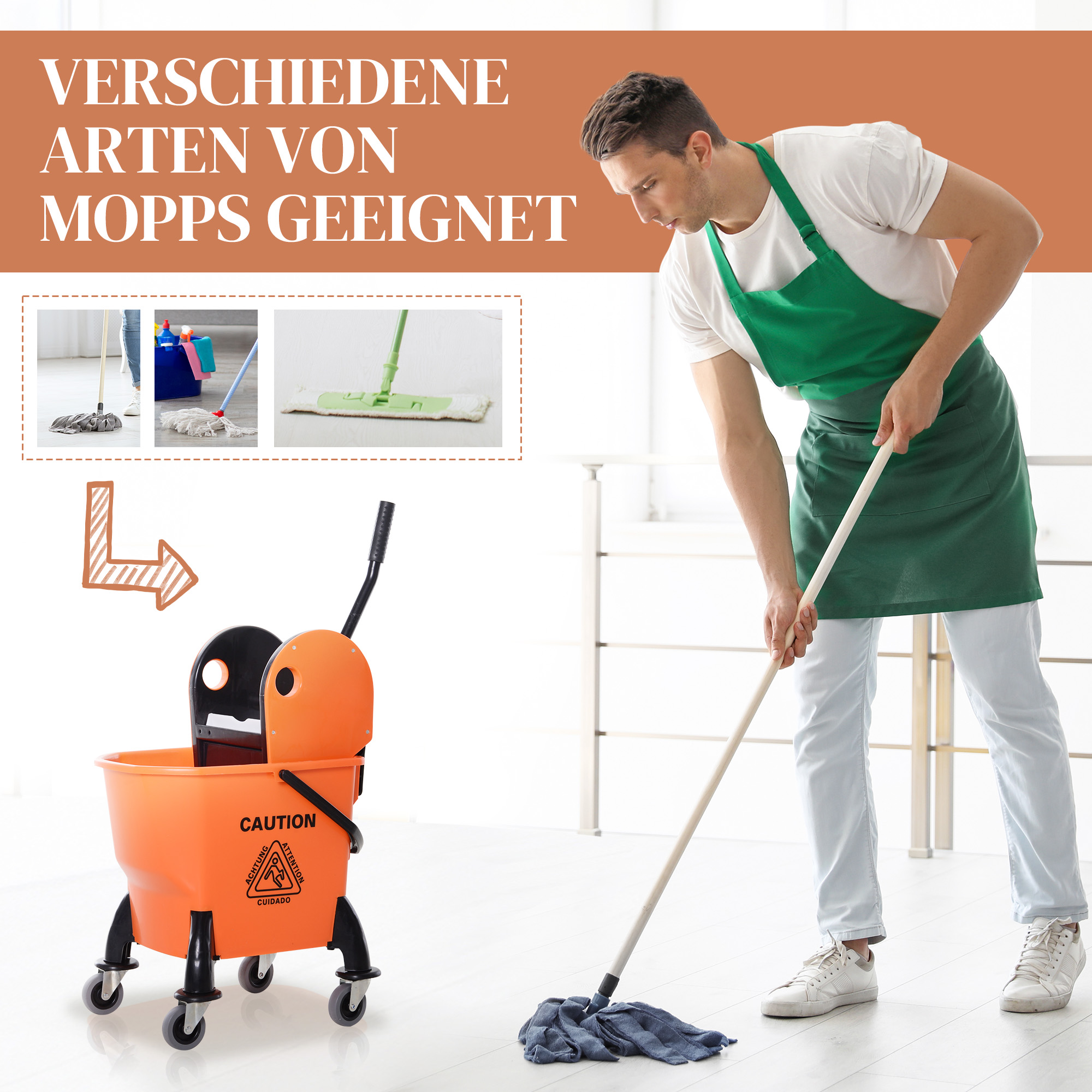 Rollbarer Reinigungseimer, Moppeimer, Mopp-Presse, 26 L, Kunststoff, Orange