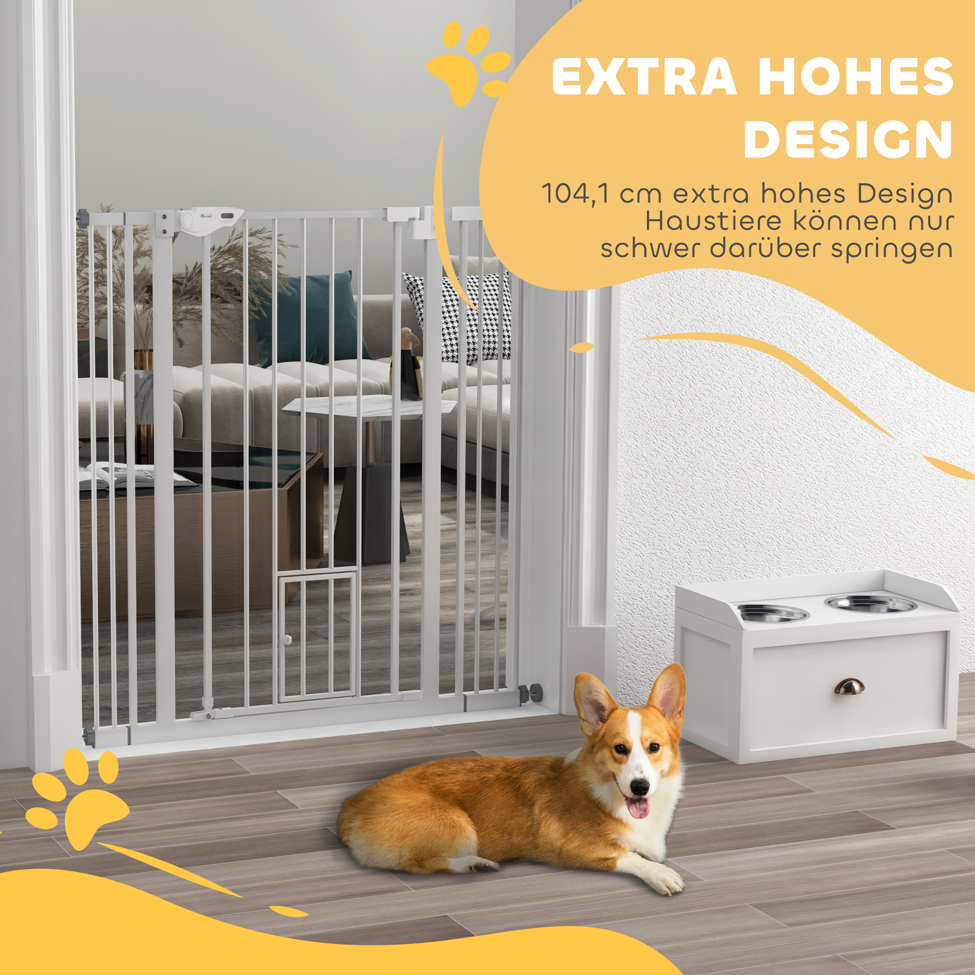 Hunde-Absperrgitter, doppelte Verriegelung, selbstschließende Tür, 104 cm hoch, Stahl, Weiß