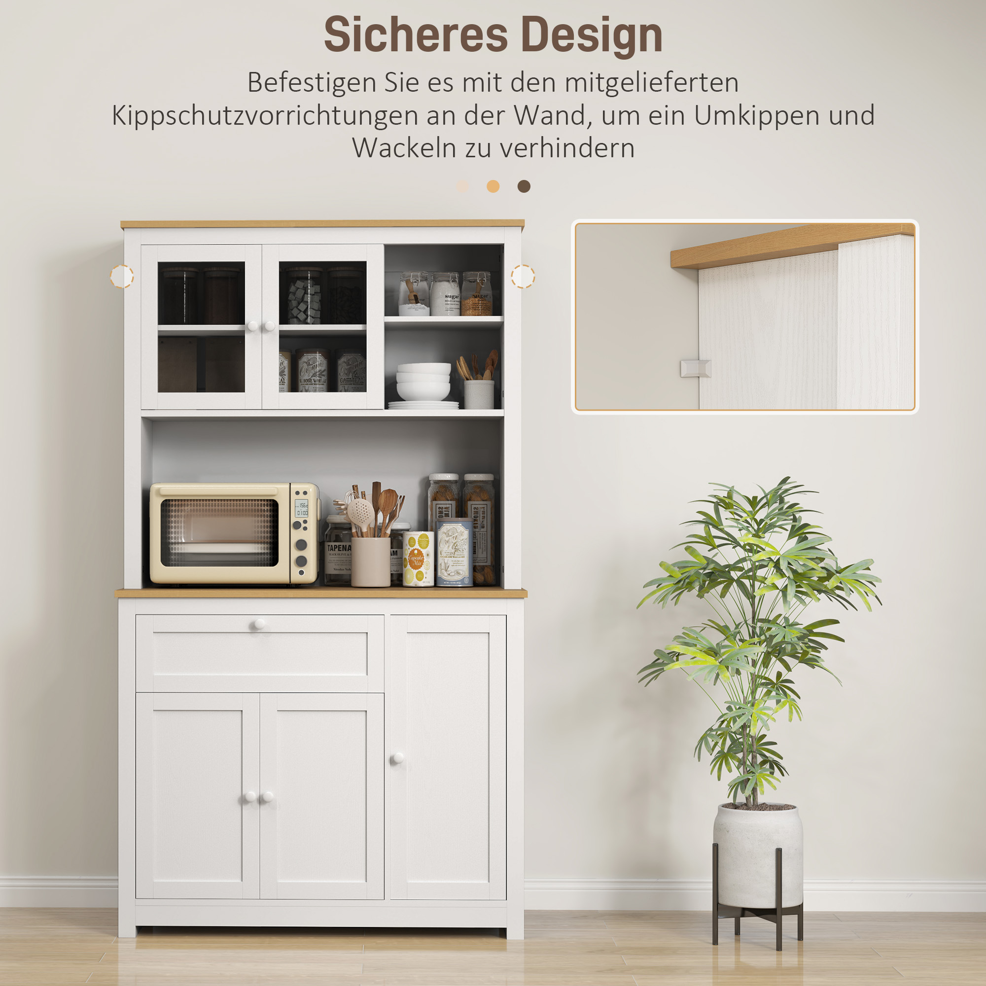 Küchenschrank im Landhausstil, 1 Vitrine, 1 offenes Regal, 1 Schublade, 2 Schränke, Natur + Weiß