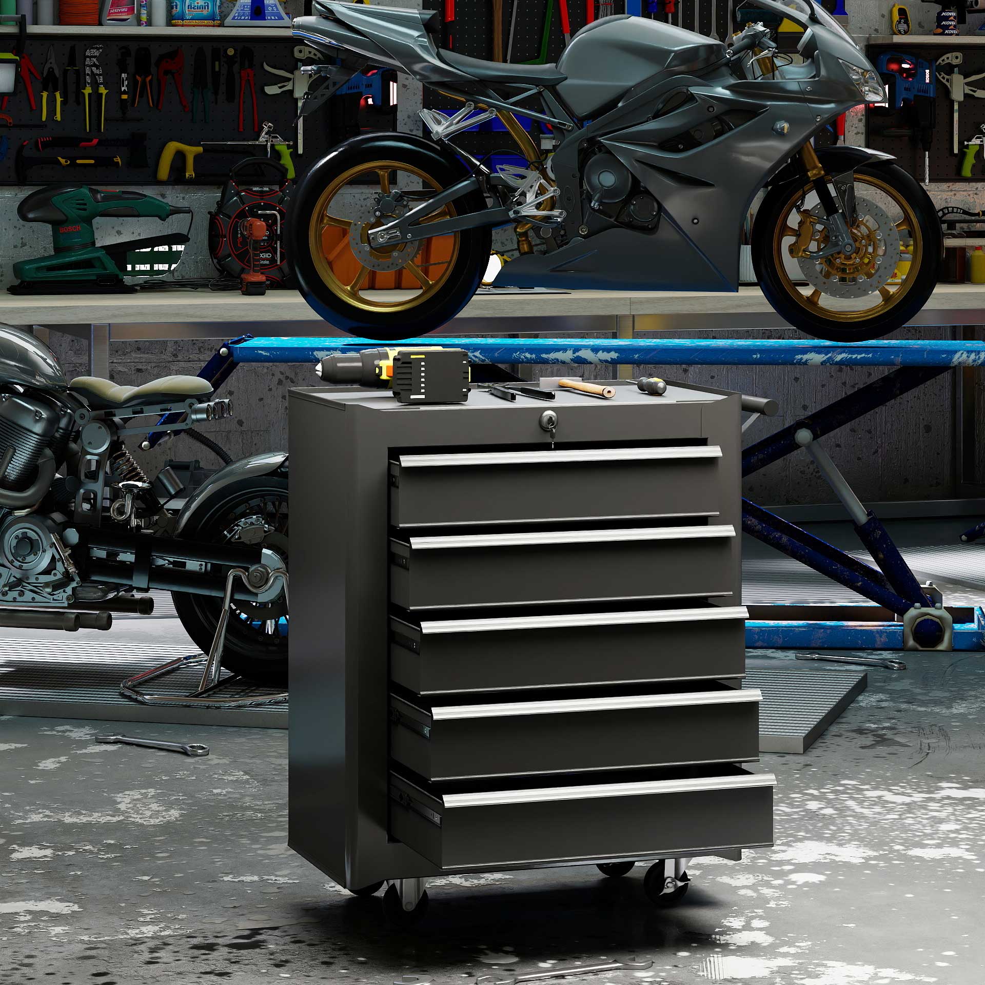 Werkzeugkiste, Werkzeugschrank, rollbar, 5 Schubladen, Stahl, Schwarz