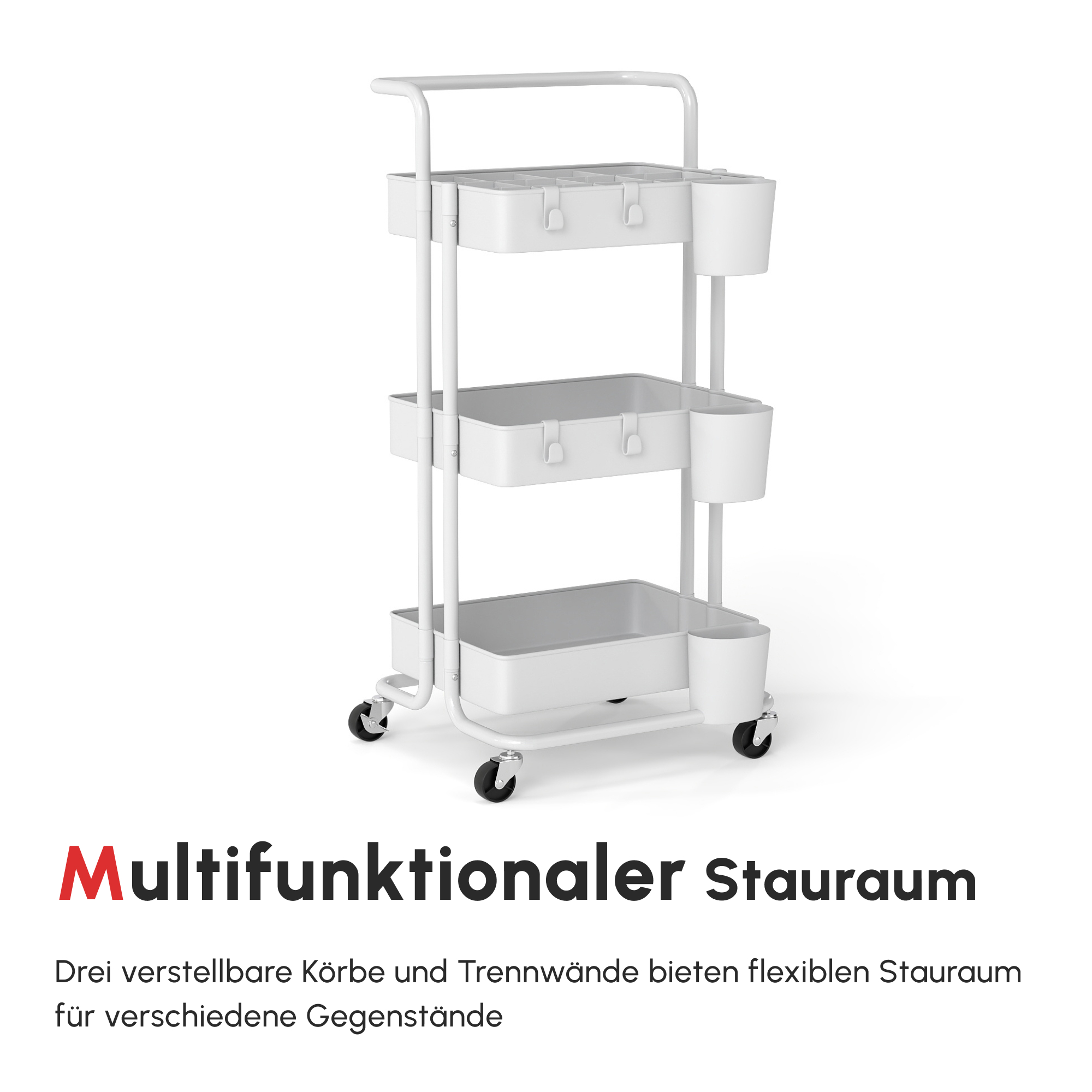 Rollwagen, Servierwagen, 3 Ablagekörbe, 3 Hängeboxen, 4 Haken, Metallrahmen, 42 x 38 x 86,5cm, Weiß