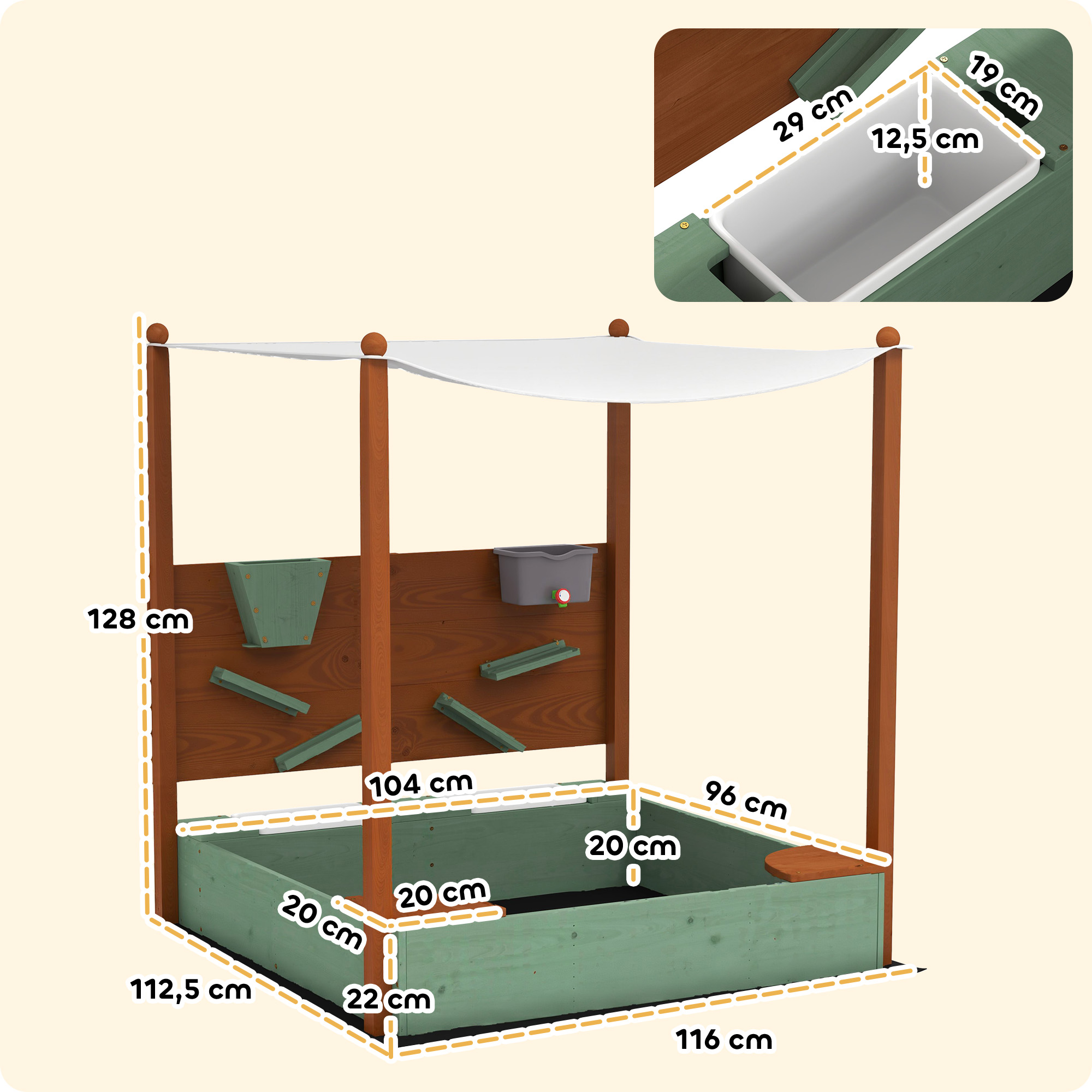 Sandkasten mit Sonnendach für Kinder, 2 Aufbewahrungsbehälter, 116L x 112,5B x 128H cm, Tannenholz, Kunststoff, Grün