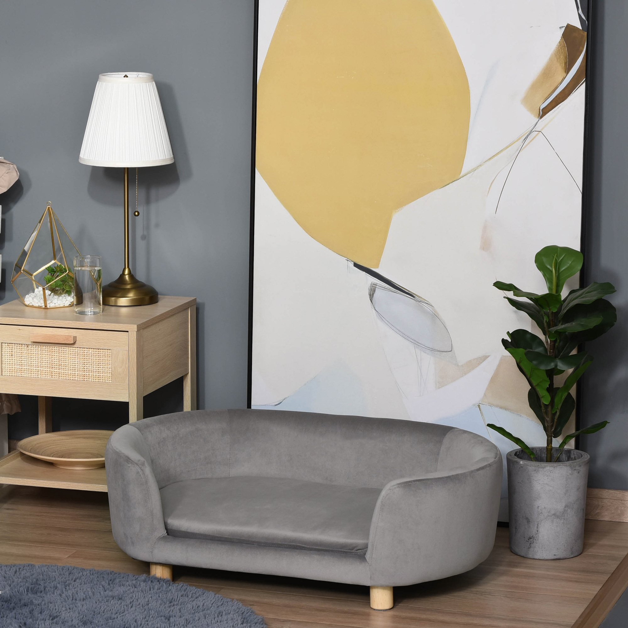 Haustiersofa Hundesofa Hundebett mit Holländischer Samt Schaumstoff Birke Bein für Katzen Hunde  86 x 55 x 33 cm Hellgrau