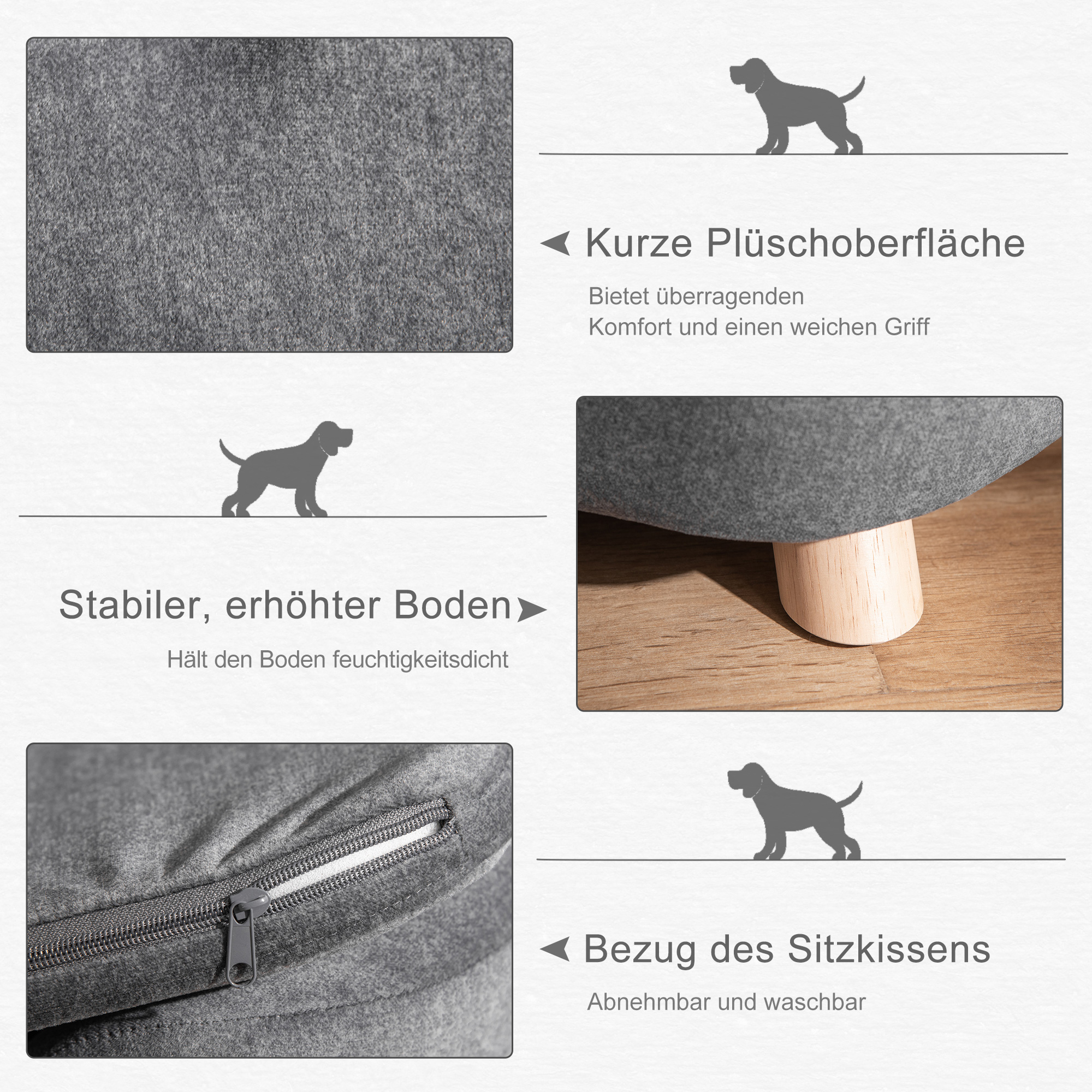 Haustiersofa Hundematte Hundebett Hundesofa Hundecouch Katzen Sofa mit Kissen Rückentasche Plüsch Schaumstoff Kiefernholz Dunkelgrau 70 x 47 x 30 cm