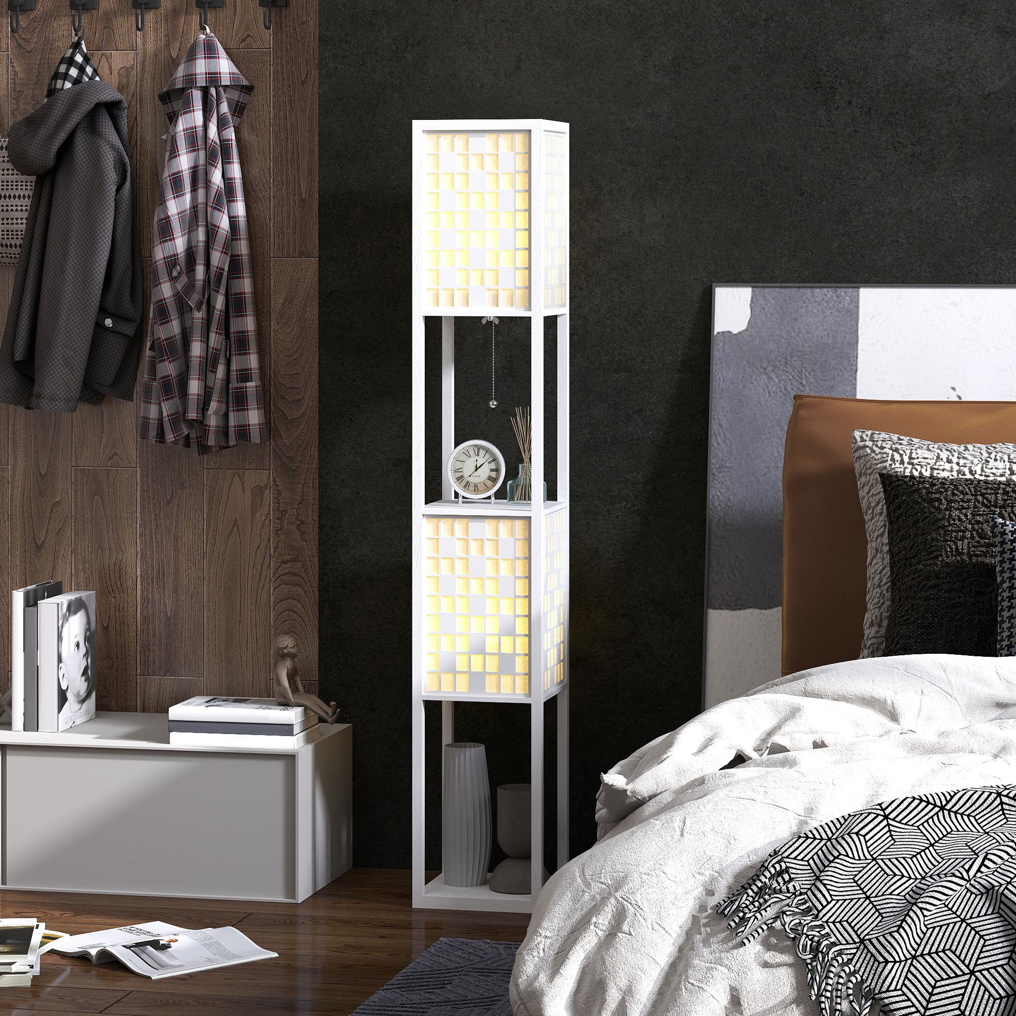 Stehlampe, Gittermuster, 2-Ebenen-Regale, für verschiedene Glühbirnen, Weiß