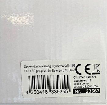 Decken-Einbau-Bewegungsmelder 360° IP65, PIR, LED geeignet, 8m Detektion, 76x36mm