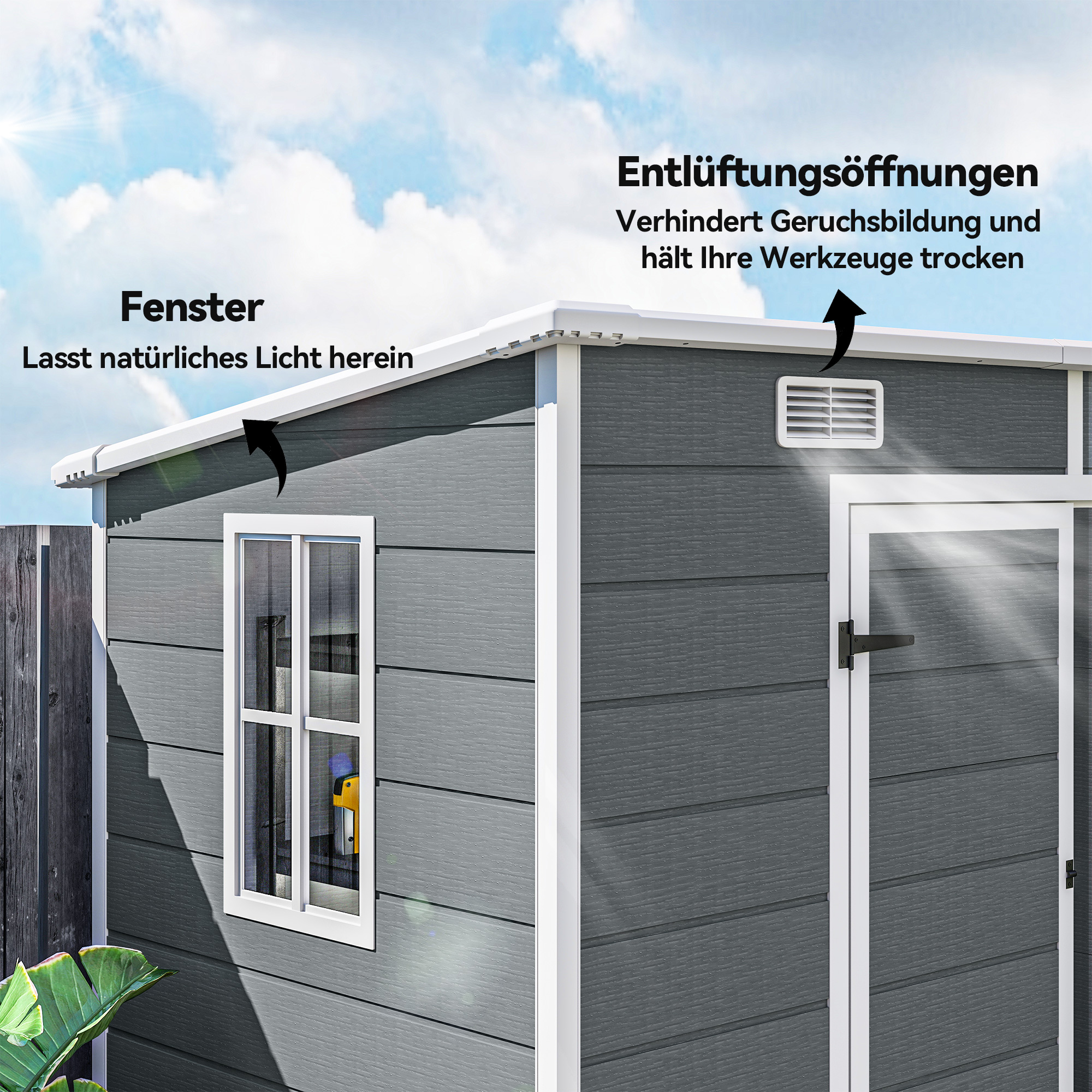 2,4 x 1,3 m Gartenschuppen, Kunststoff-Gartenhaus mit Boden, Fenster, verschließbare Türen, für Garten, Terrasse, Grau