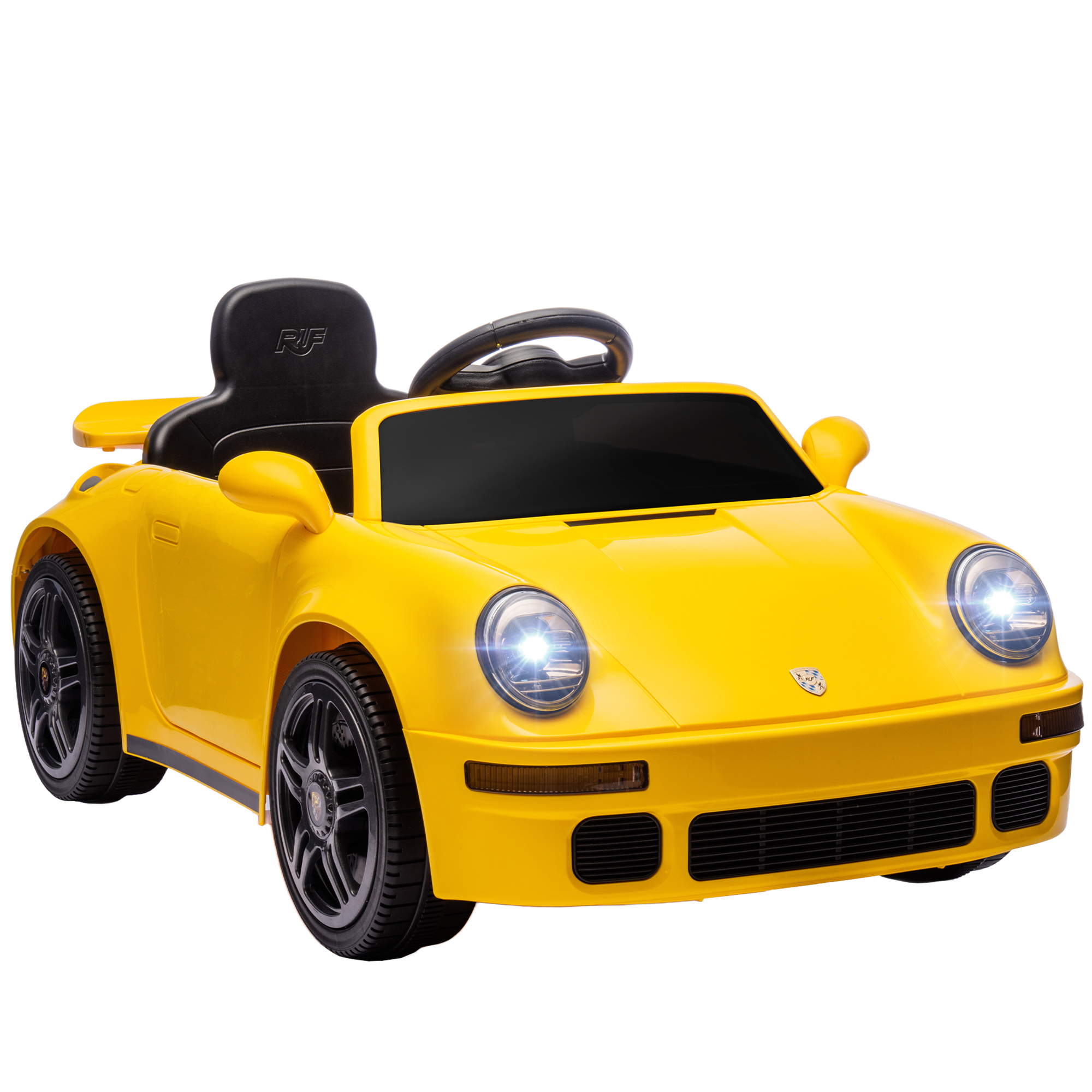 Kinder-Elektroauto, 12V Kinderauto mit Fernbedienung, sanfter Start, MP3-Player, LED-Lichter, Hupe, Energieanzeige, Gelb