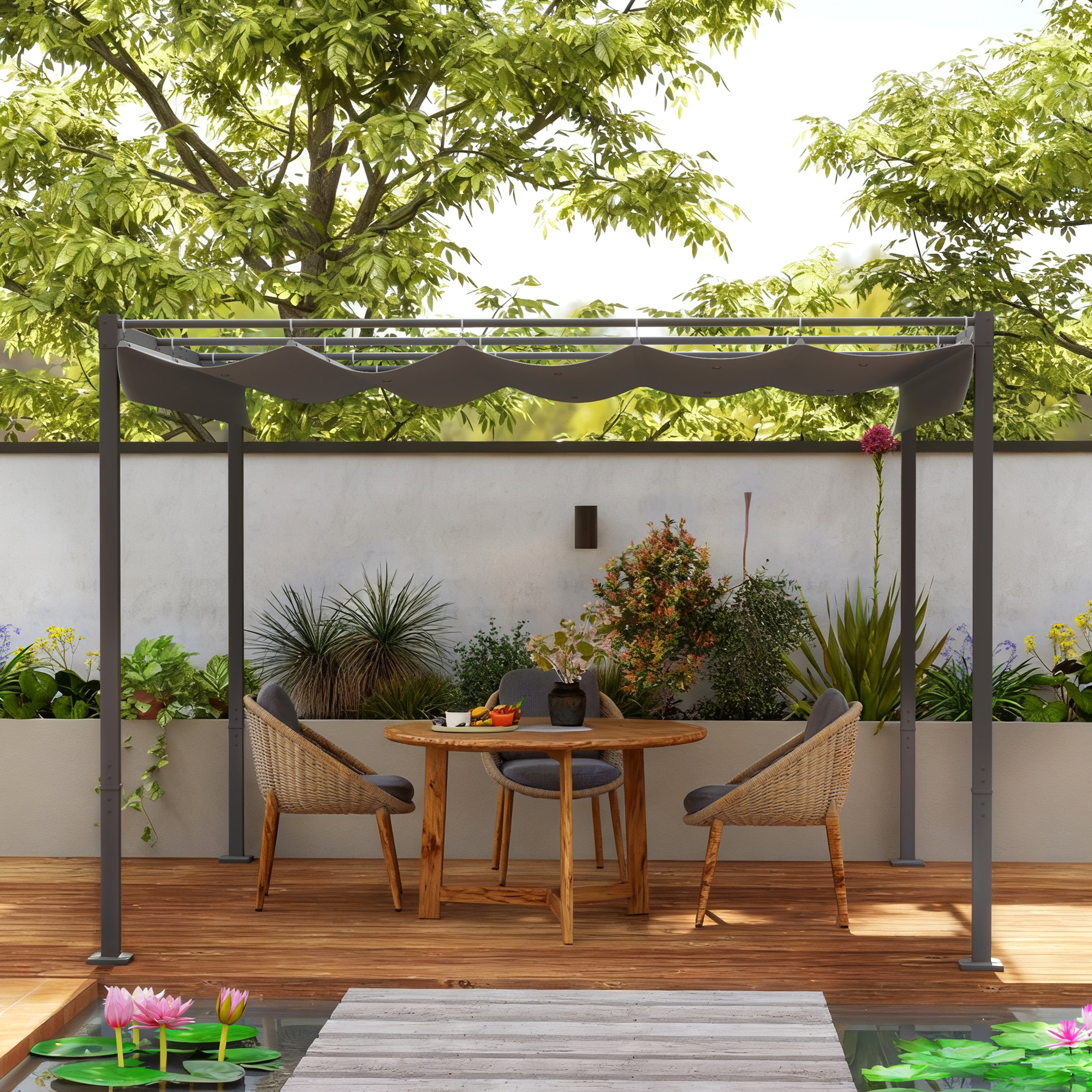 3 x 3 m Garten-Pergola mit einziehbarem Dach, Pavillon, Baldachin für Schatten, UPF30+, Grau