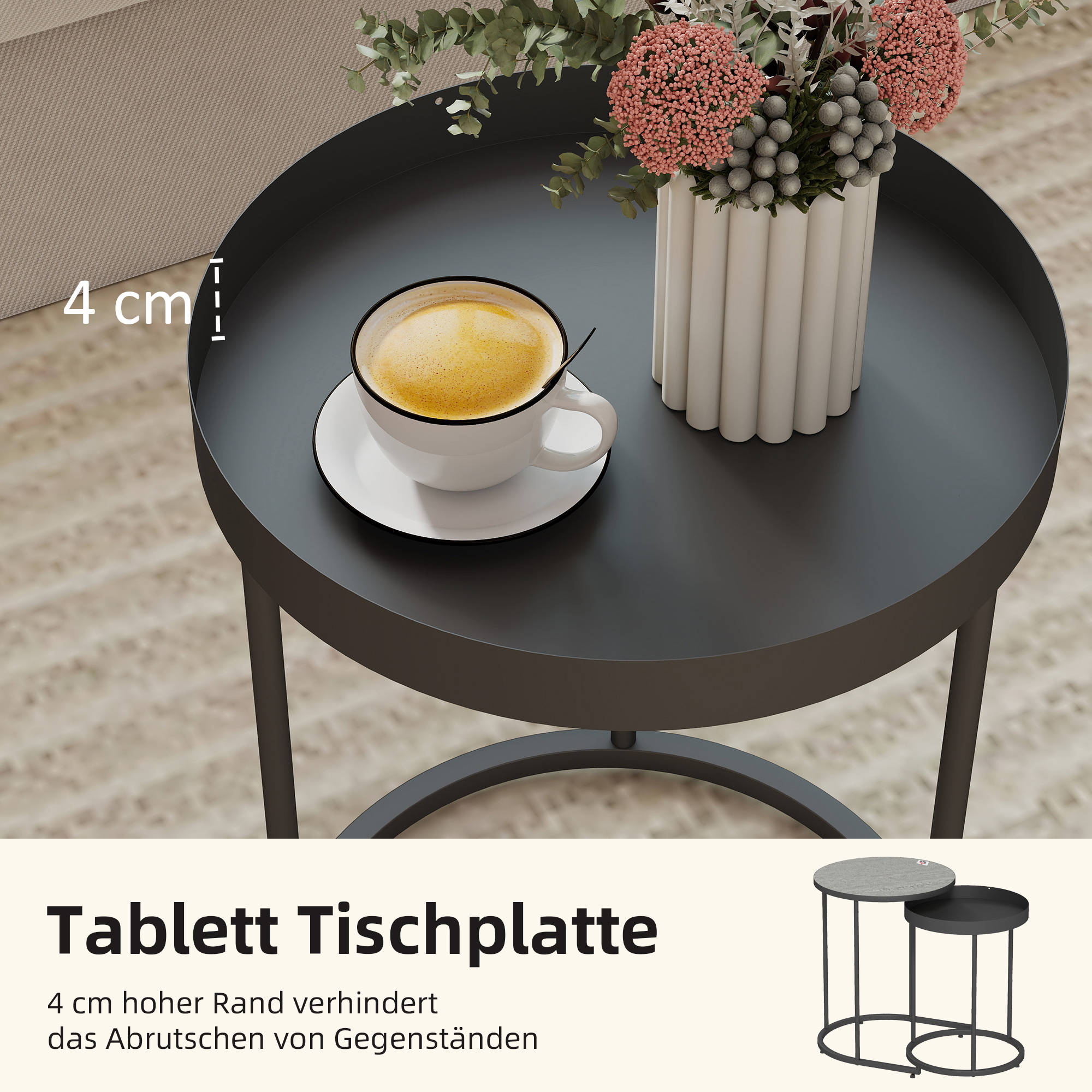 2er-Set Wohnzimmertische, ineinander verschiebbar, Tablett-Design, Metall, Grau