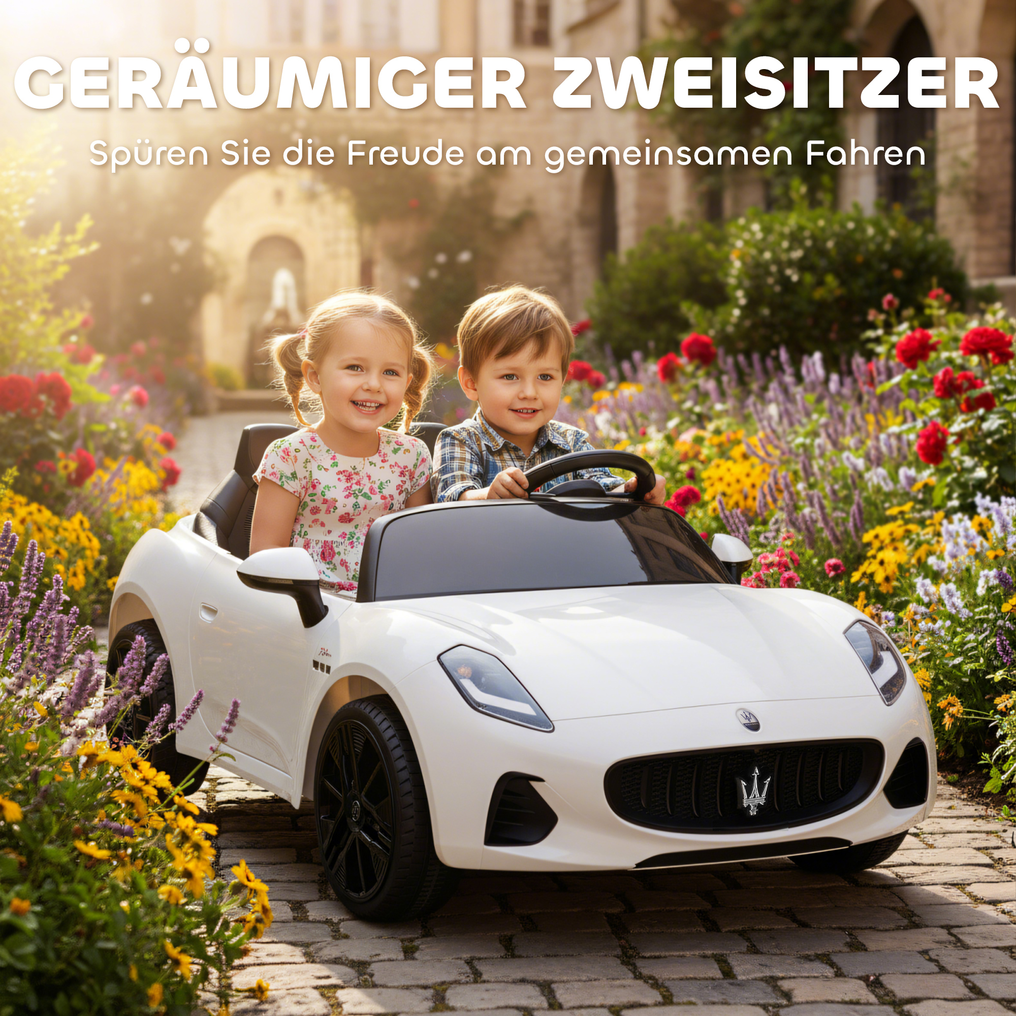 Maserati Elektroauto für Kinder, 2-Sitzer, 12V Batteriebetrieb, Fernbedienung, LED-Lichter, Musikfunktion, Weiß