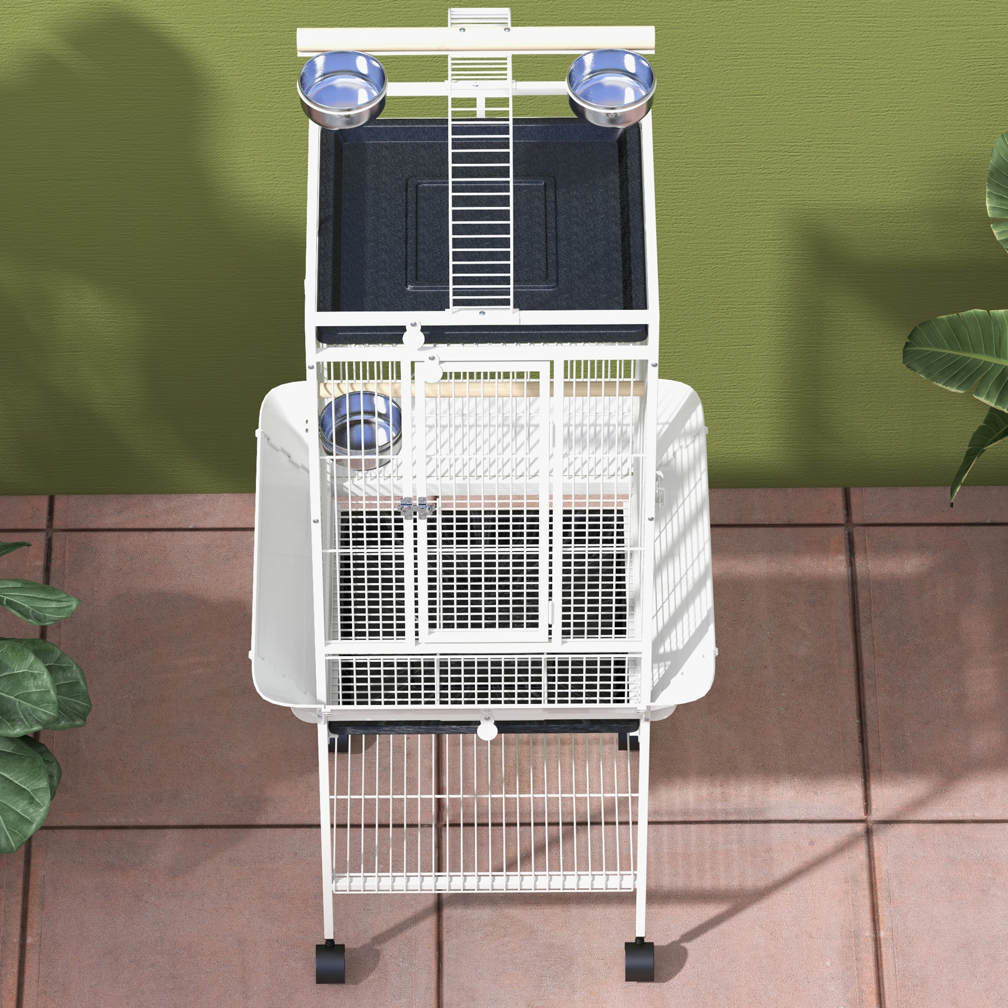 Vogelkäfig, Papageienkäfig mit 3 Türen, 2 Sitzstange, 360° Rollen, Futternapf, Ablage, Freisitz, 62,5x62,5x156cm, Weiß